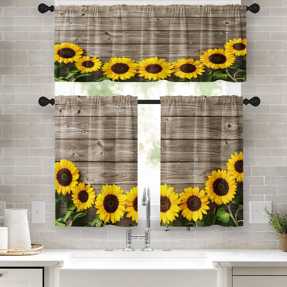Tayney Sunflower Kitchen Curtains Wooden Board Window Curtains Valance And Tier Set 36 Inch, Yellow Flower Rod Pocket Short Tier