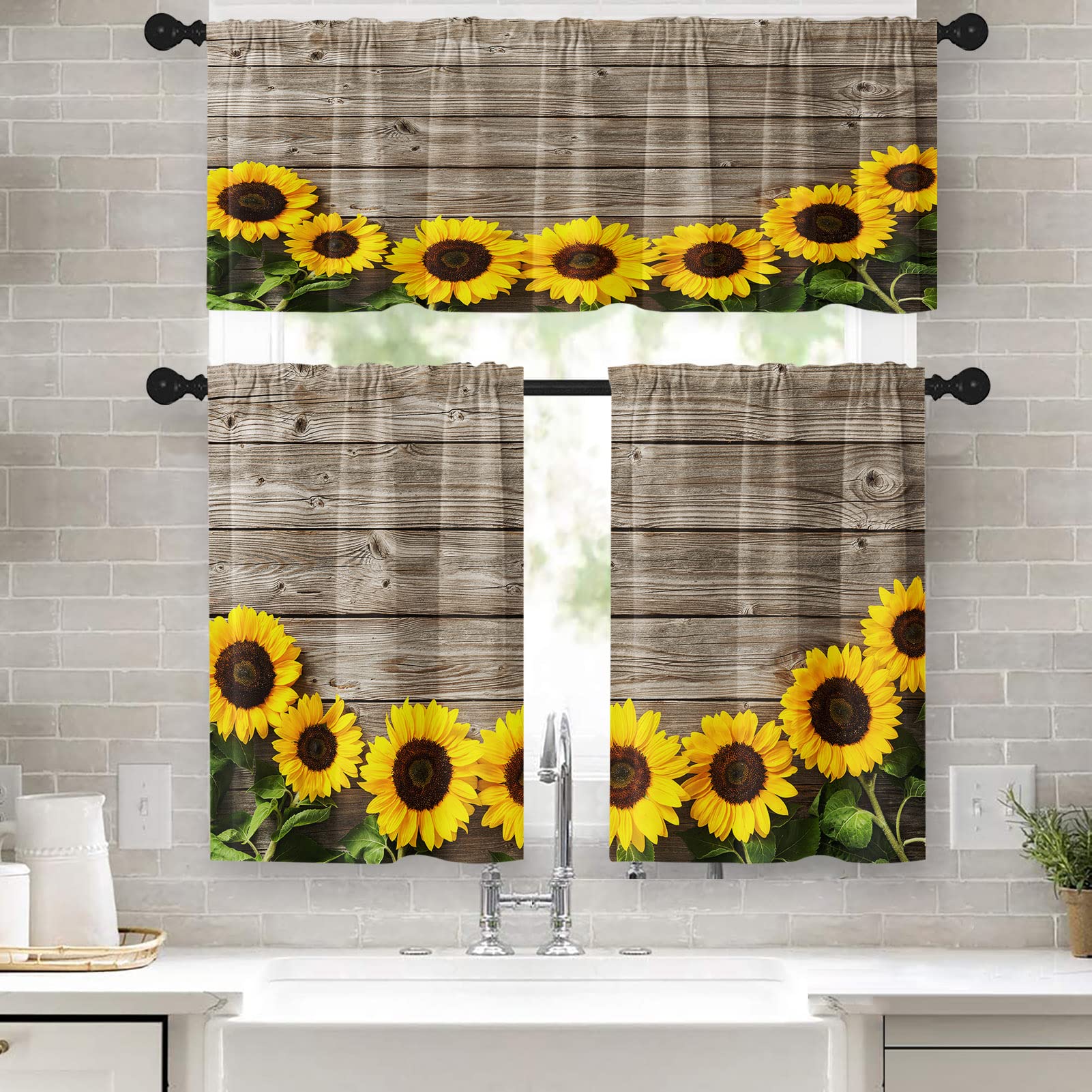 Tayney Sunflower Kitchen Curtains Wooden Board Window Curtains Valance And Tier Set 36 Inch, Yellow Flower Rod Pocket Short Tier