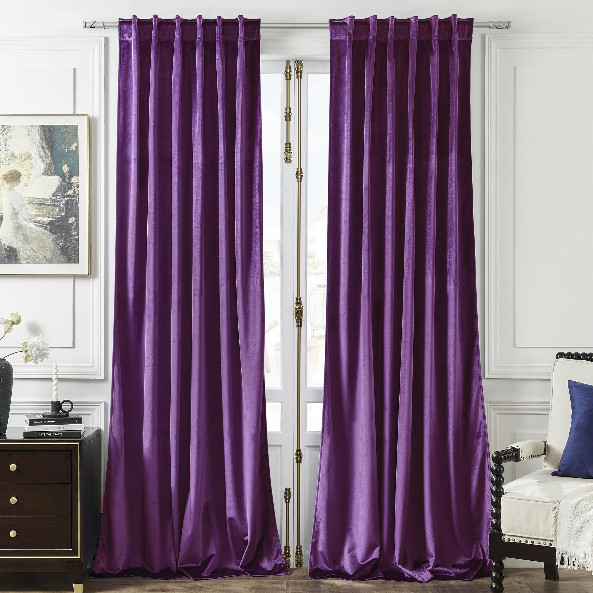 Timeper Blackout Purple Velvet Curtains - 96 Inches Long Privacy Soundproof Soft Thick Drapes Thermal Insulated Panels For Livin