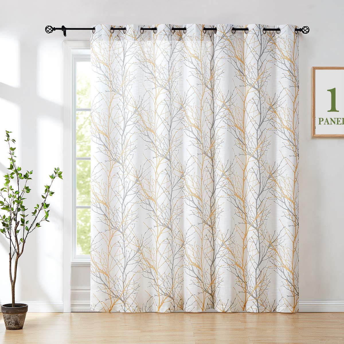 Fmfunctex Tree Yellow-White Sliding Door Curtain For Living Room 100Inch X 84' Branch Print Linen Texture Semi Sheer Curtain Fa