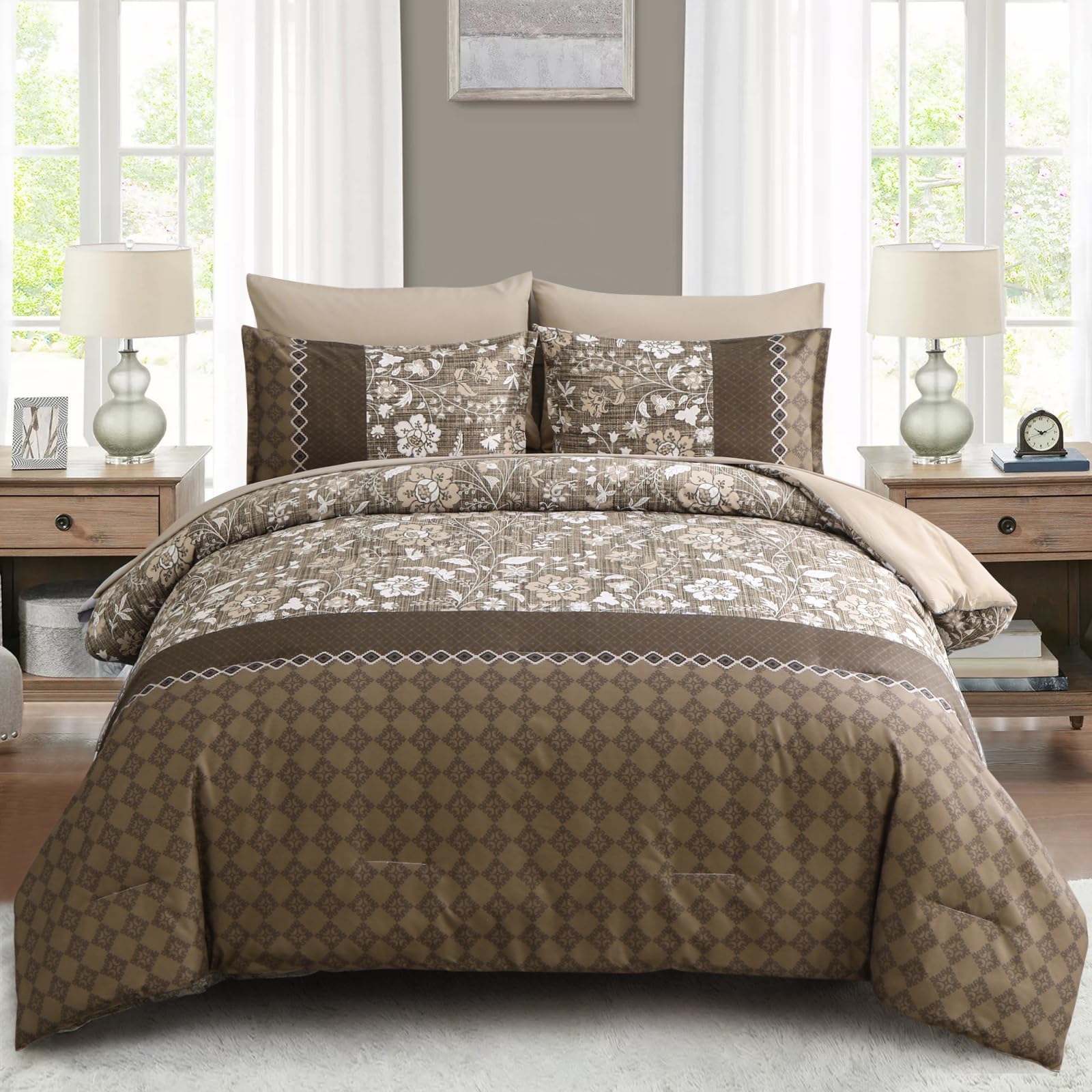 Wongs Bedding Brown Comforter Set Queen, 7 Pieces Bed In A Bag Floral Geometric Patchwork Soft Microfiber Comforter Bedding Set