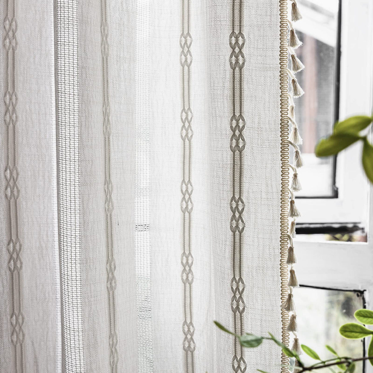 Deeprove Boho Curtain 84 Inches Long For Bedroom, White Ivory Cotton Linen White Stripes Embroidery Shabby Chic Hollow Geometric