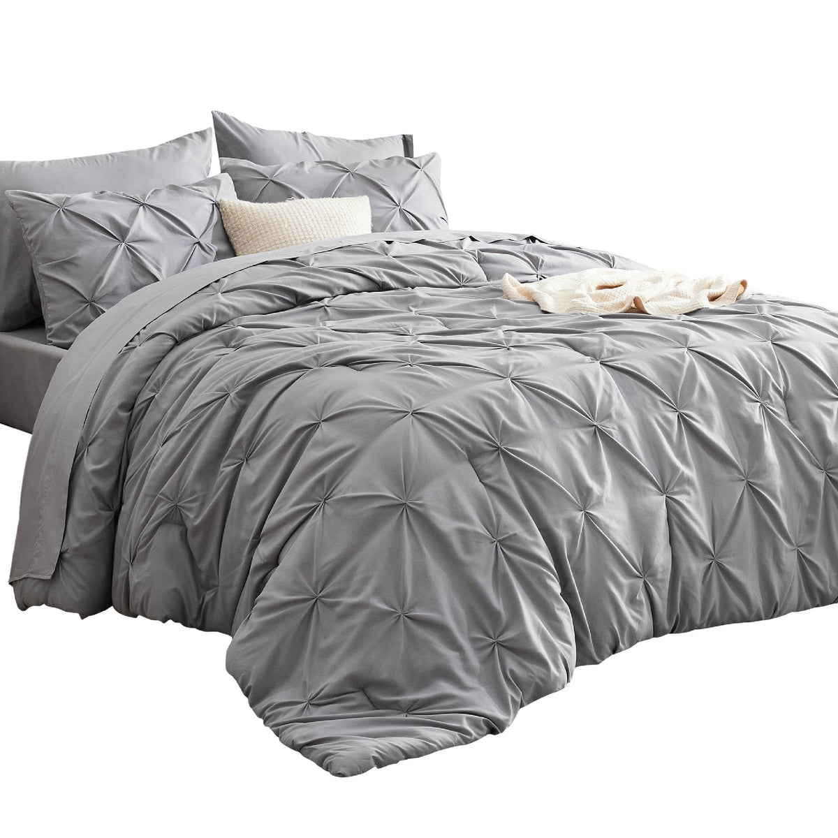 Bedsure Queen Comforter Set Grey - Bed In A Bag Queen Size 7 Pieces, Gentlesoft Pintuck Bed Set Gift For Family, Pinch Pleat Gre