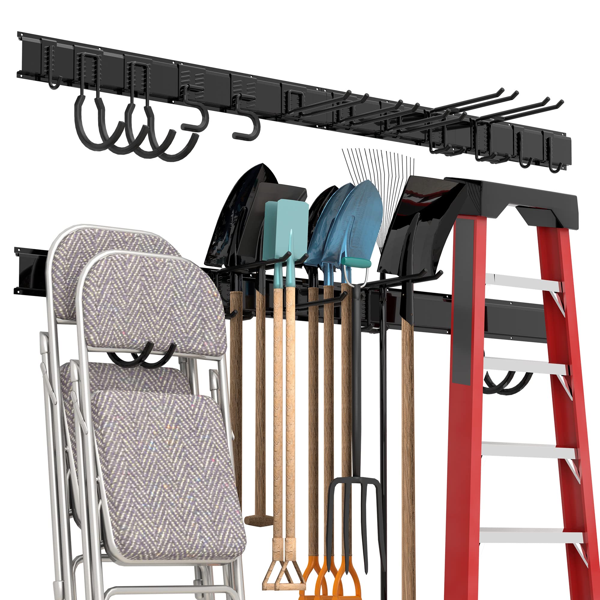 Sttoraboks Garage Tool Storage Rack, Heavy Duty Garage Storage Organizer Rack System Wall Mounted Tool With 12 Double Hooks, 4 Rails Garden Tool Rack