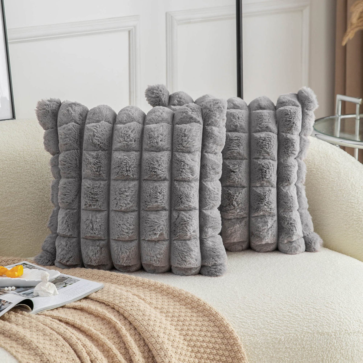 Neelvin Grey Faux Fur Cozy Soft Plaid Decorative Throw Pillow Covers 20X20 Inch Set Of 2,Velvet Pillowcase Cushion Case For Sofa