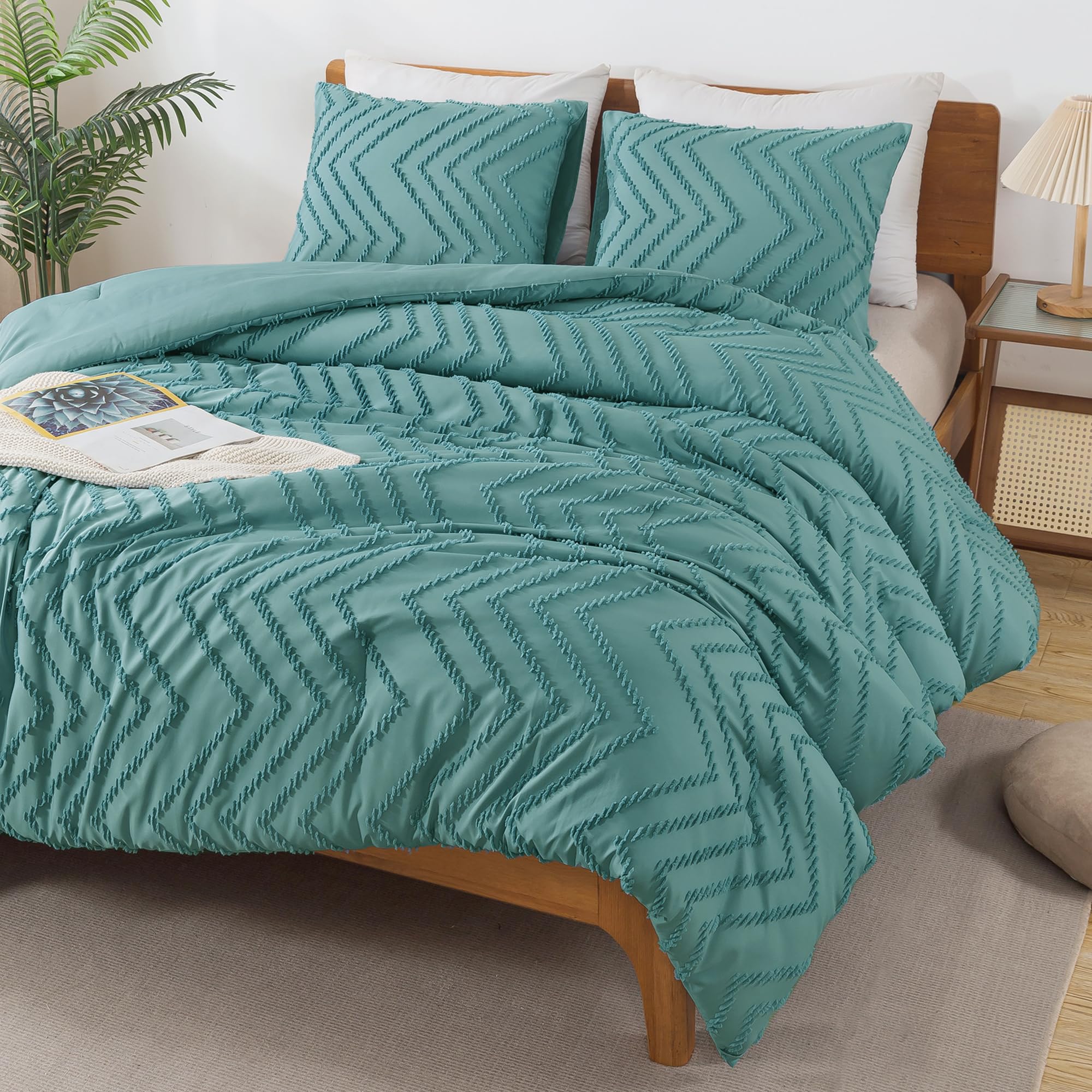 Andency Grayish Teal Comforter Set King Size, Boho Soft Warm Tufted Bedding Comforter Sets For King Size Bed, 3 Pieces Aesthetic