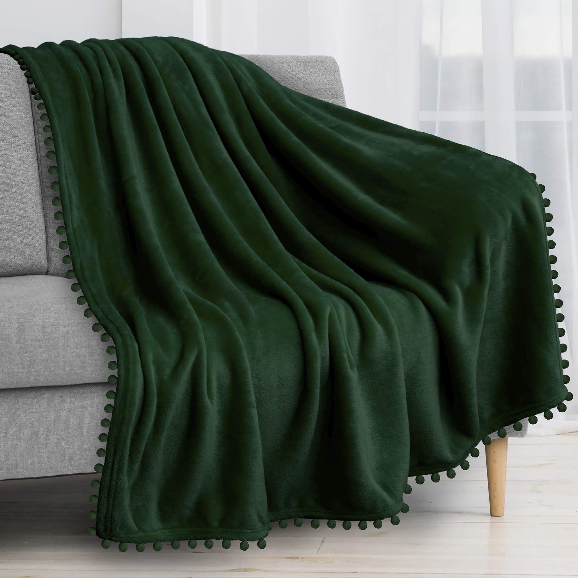 Pavilia Pom Pom Blanket Throw, Emerald Green Dark | Soft Fleece Pompom Fringe Blanket For Couch Bed Sofa | Decorative Cozy Plush