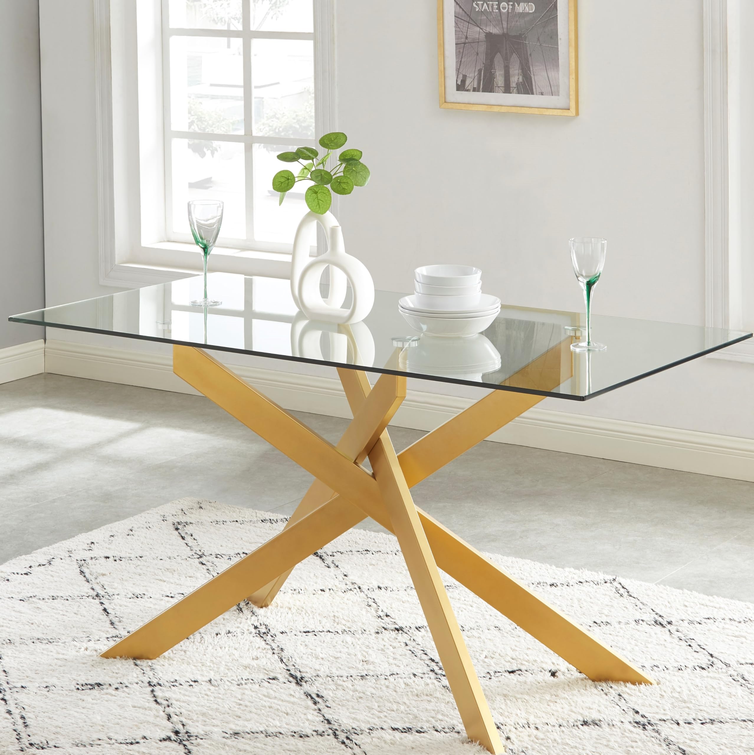 Edwin'S Choice 58.5    Rectangle Glass Dining Table, Tempered Glass Table Top And Metal Tubular Legs, Modern Style Table For Hom