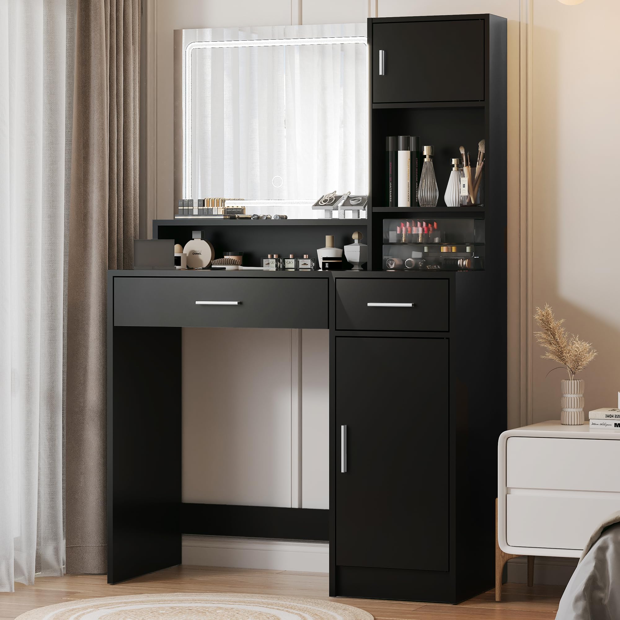 Mirrotowel Vanity Desk With Mirror And Led Light Strip,Dressing Table With Large Drawer, 3 Level Storage Dresser & 3 Lighting Modes Adjustable Brightness, Suitable For Bedroom