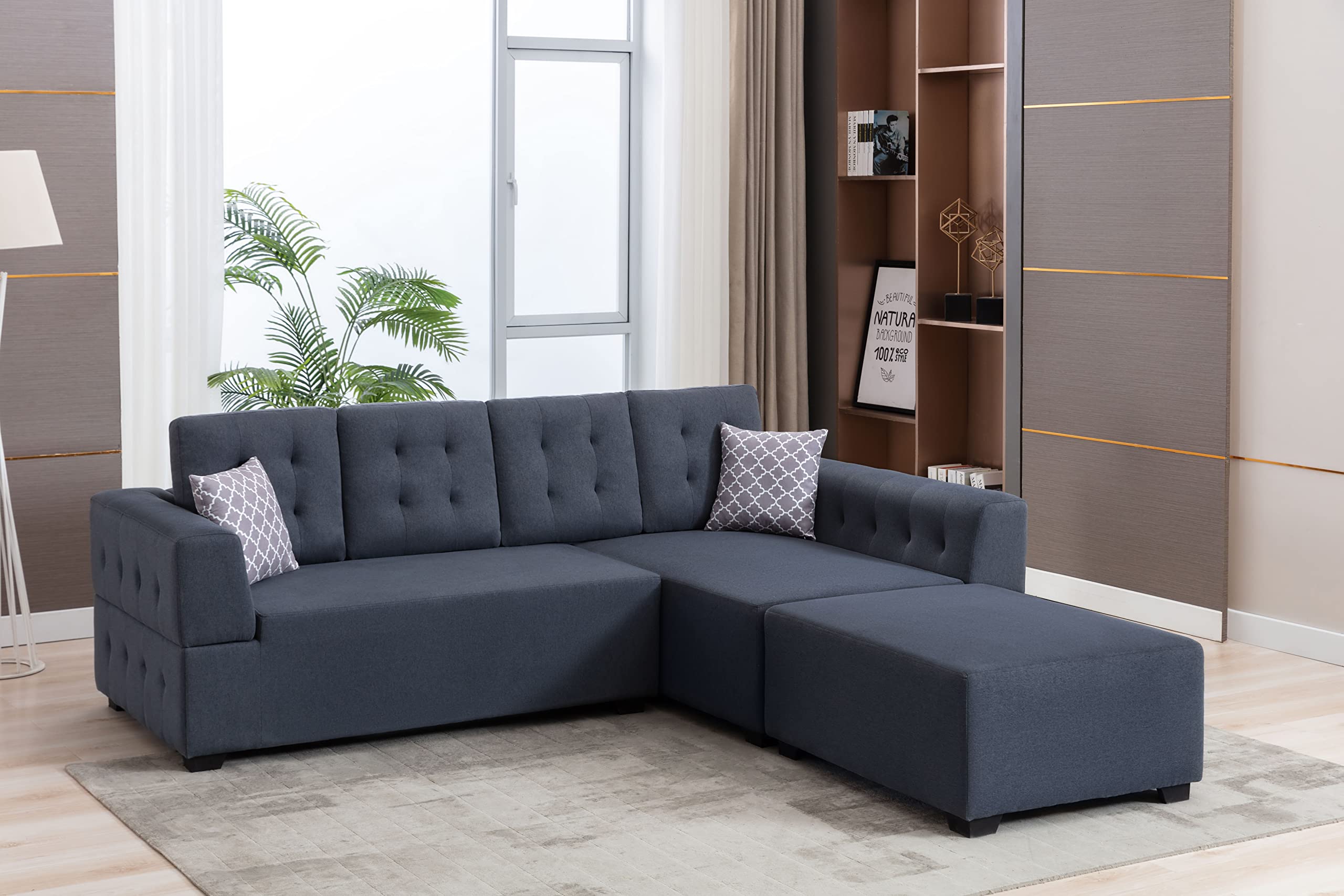 Lilola Home Ordell Light Gray Linen Fabric Sectional Sofa with Right Facing Chaise Ottoman and Pillows