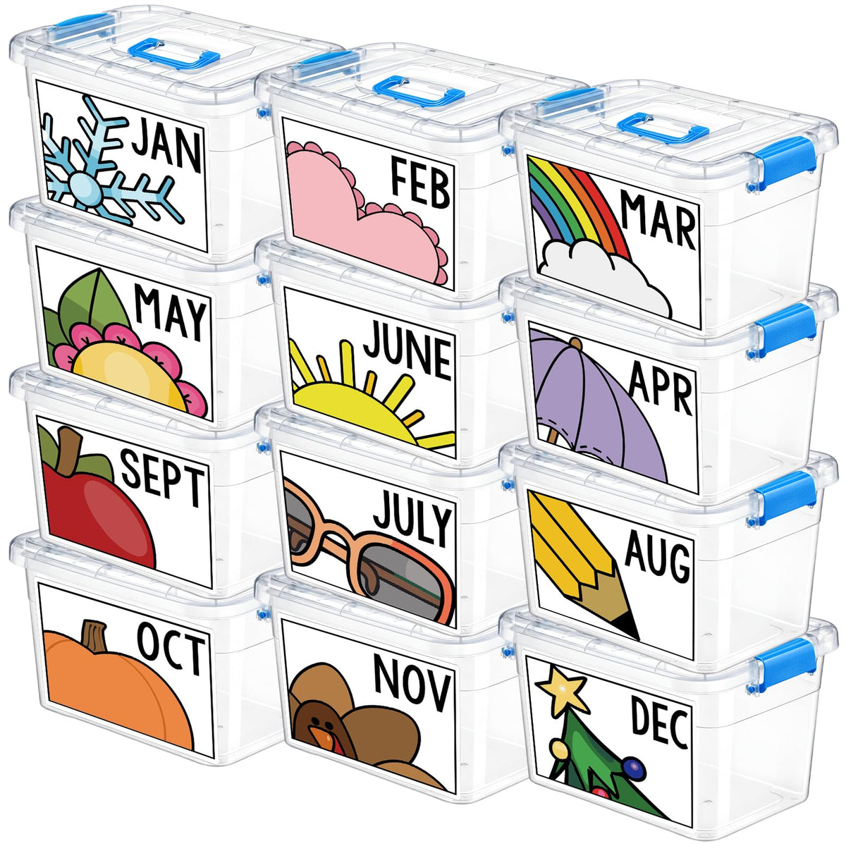 Wesiti 12 Pcs Monthly Classroom Storage Bins with Seasonal Month Labels,
