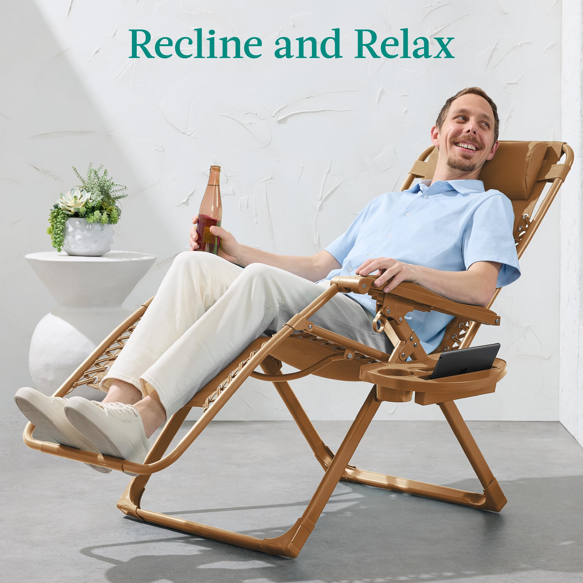 Best Choice Products Adjustable Zero Gravity Chair, Monochromatic Color Folding Patio Recliner W/Side Tray, Headrest - Desert