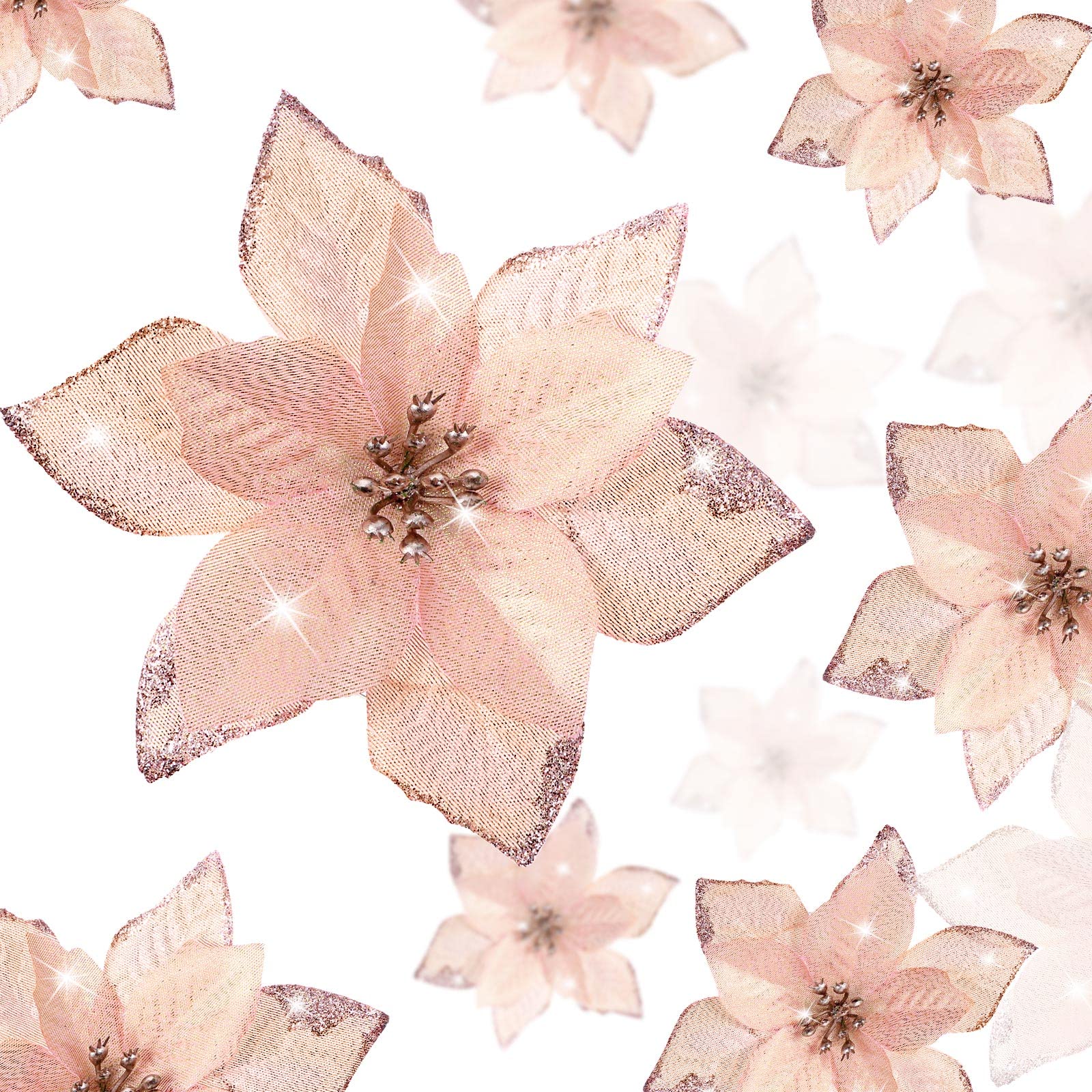 36 Pcs 3 Size Christmas Tree Glitter Faux Poinsettia Flowers Ornaments For Home Outdoor Decoration (Rose Gold,3/ 4/ 6 inch)