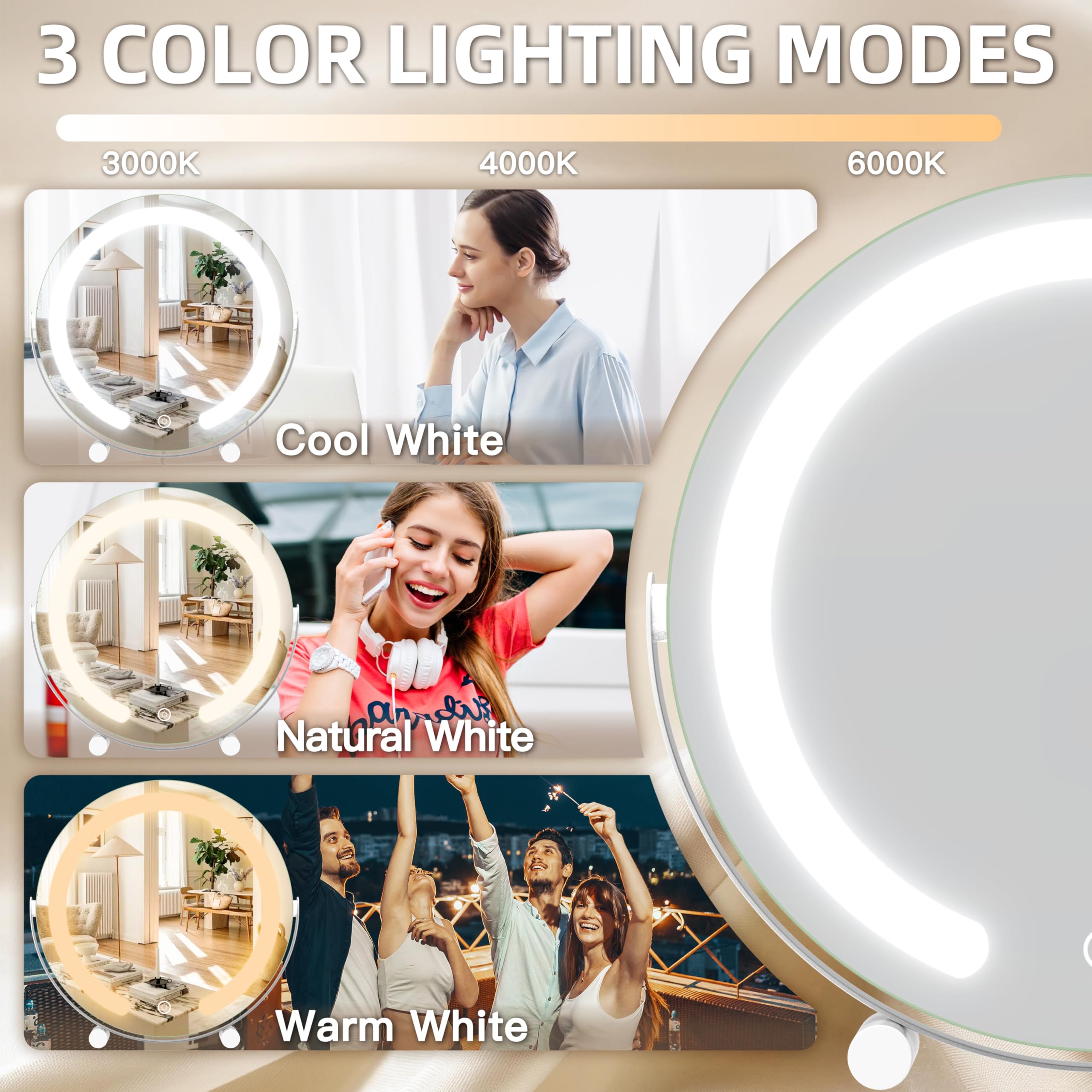 Fennio Vanity Mirror With Lights, 12 Inch Cob Led Lighted Makeup Mirror, Round Makeup Mirror With Lights With 3-Color Lighting,