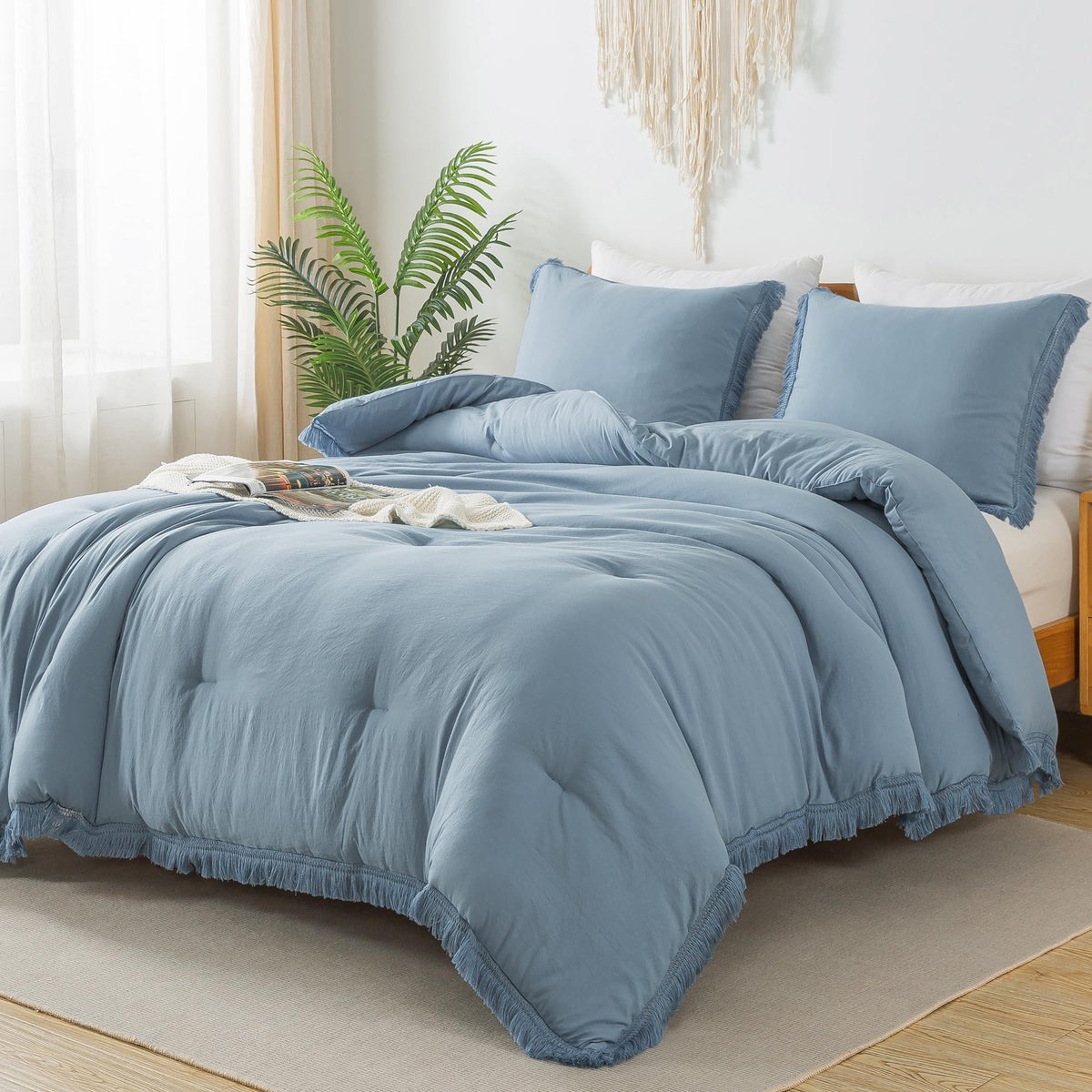 Andency Grayish Blue Comforter Set California King, 3 Pieces Boho Tassel Lightweight Bedding Comforter Sets, All Season Soft Fluffy Fringe Bed Set (104X96In Comforter & 2 Pillowcases)