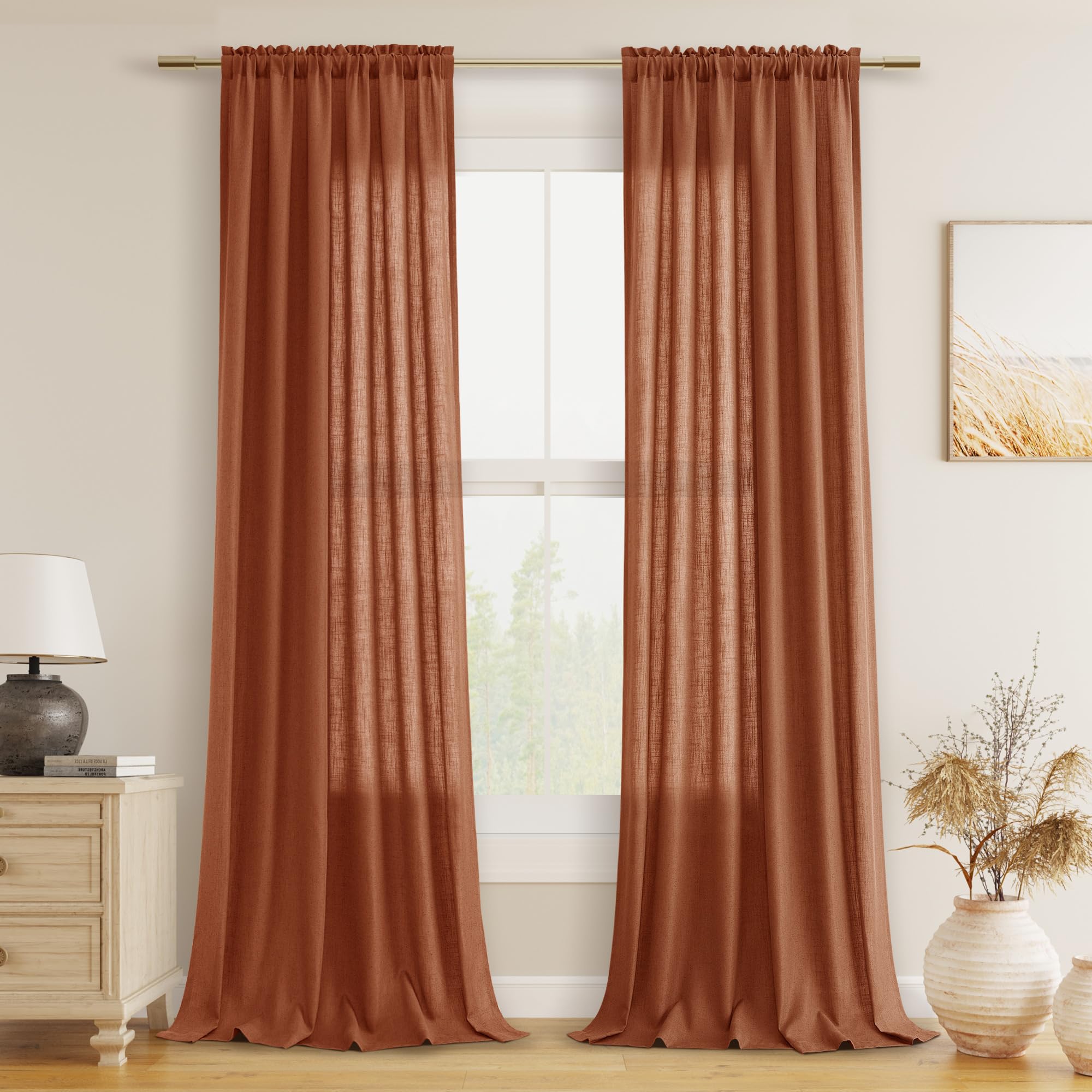 Guken Terracotta Linen Curtains 102 Inch Length For Living Room Bedroom 2 Panels Set Rod Pocket Light Filtering Semi Sheer Windo