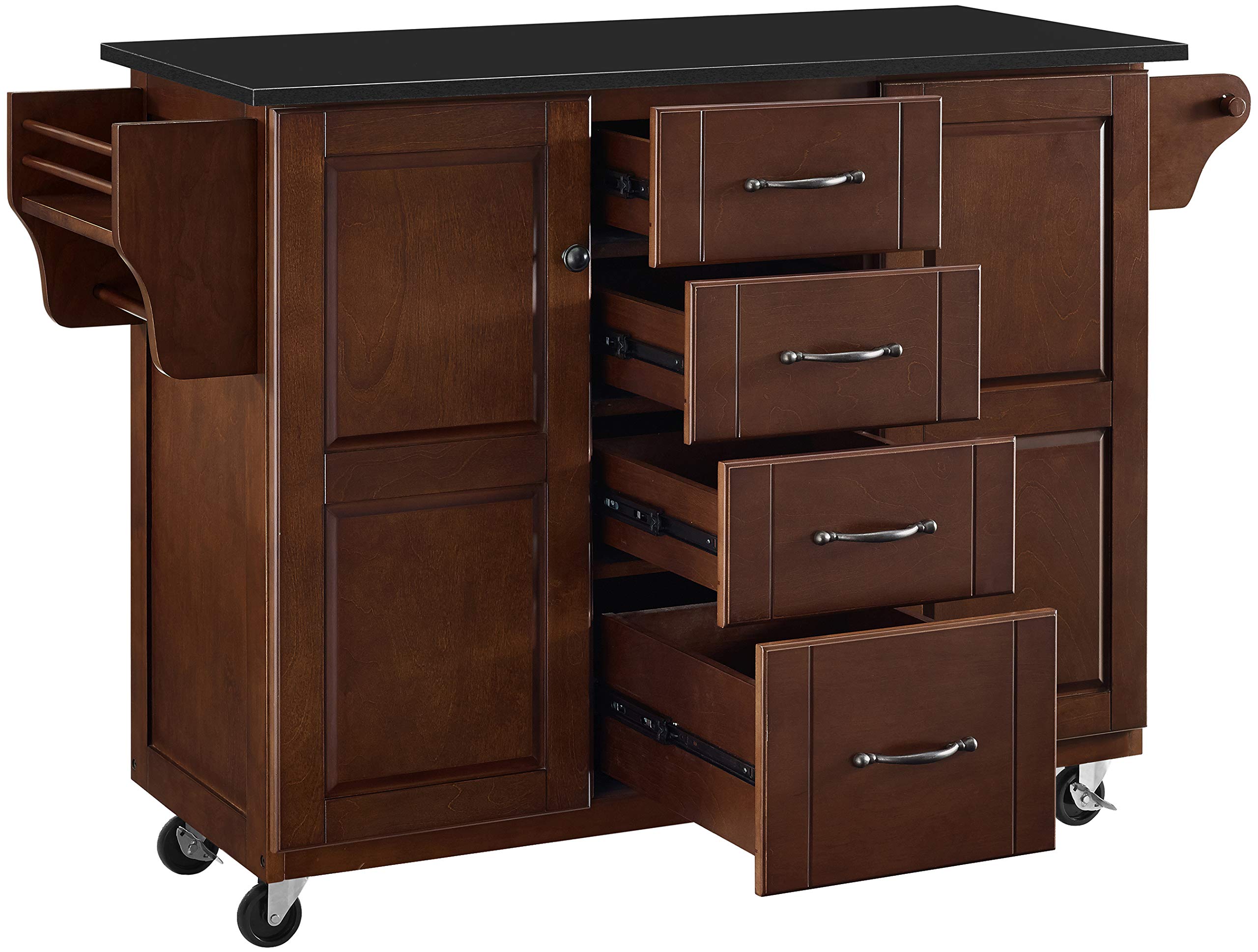 Crosley Furniture Eleanor Granite Top Rolling Cart Kitchen Island with Spice Rack, Drawers and Shelves, Mahogany