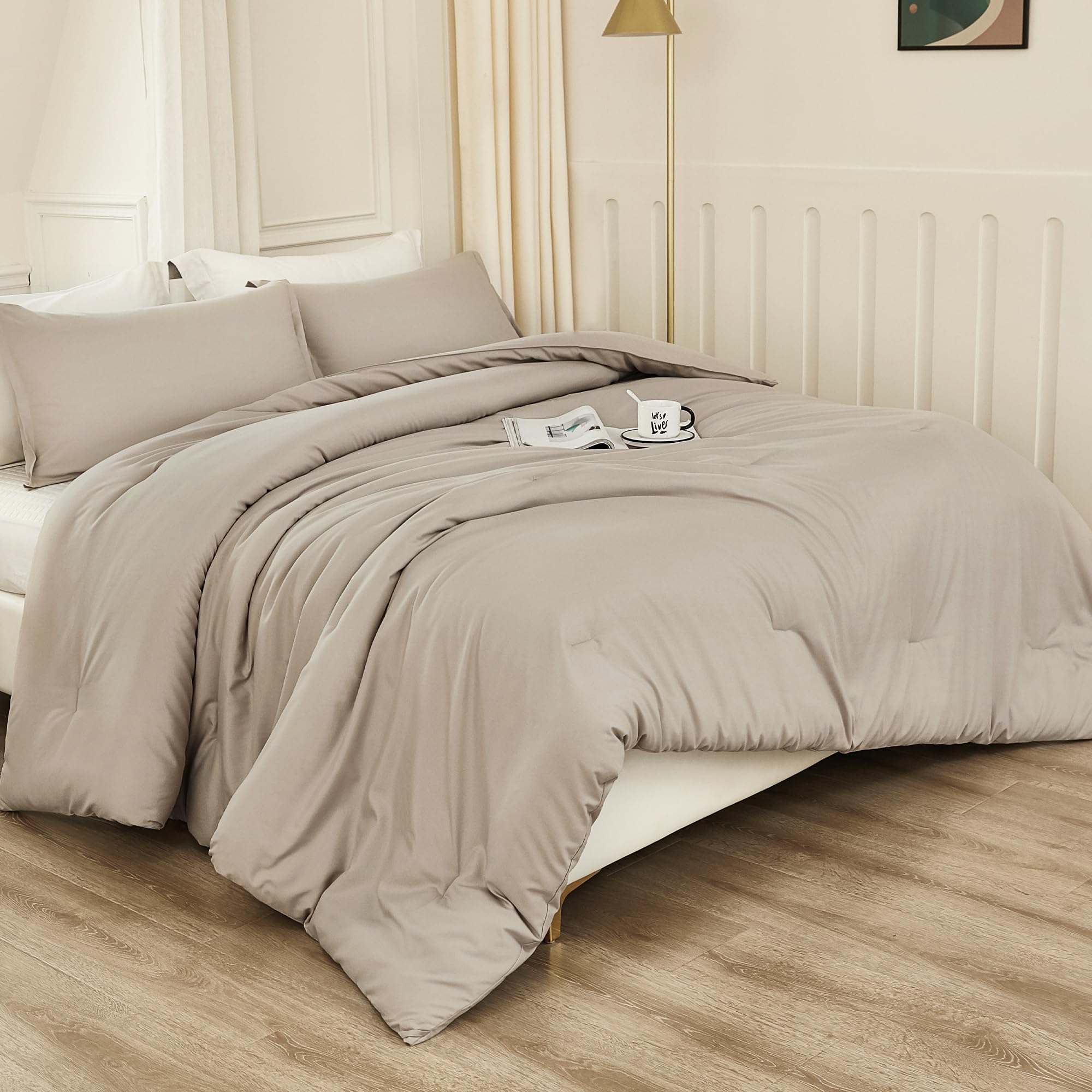 Litanika Oatmeal Comforter King Size, 3 Pieces Lightweight Solid Bedding Comforter Set, All Season Fluffy Bed Set (104X90In Comf