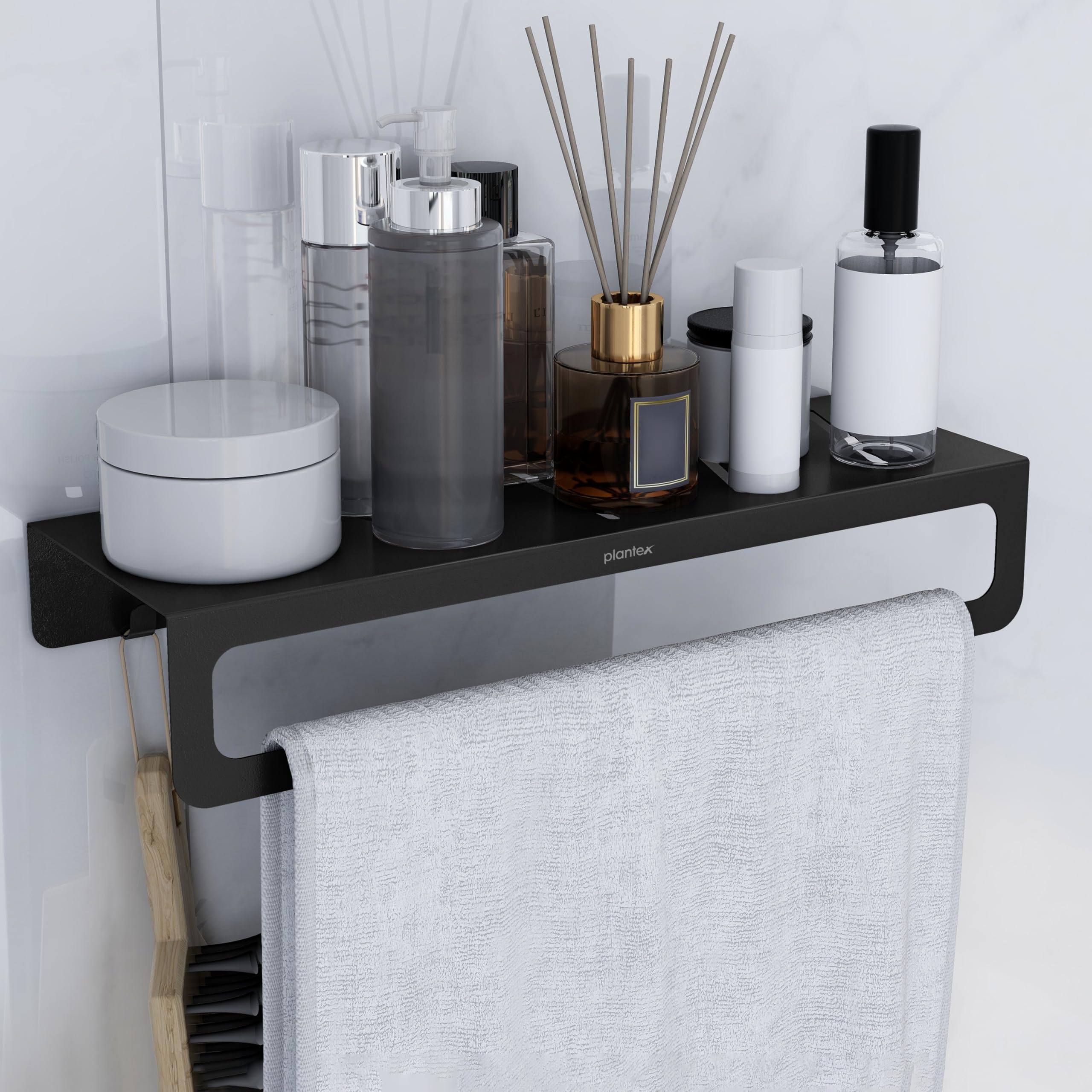Plantex Alloy Steel No Drill Bathroom Organiser/Self Adhesive Wall Mount Multipurpose Shelf/Rack/Towel Rod/Hooks For Bathroom  