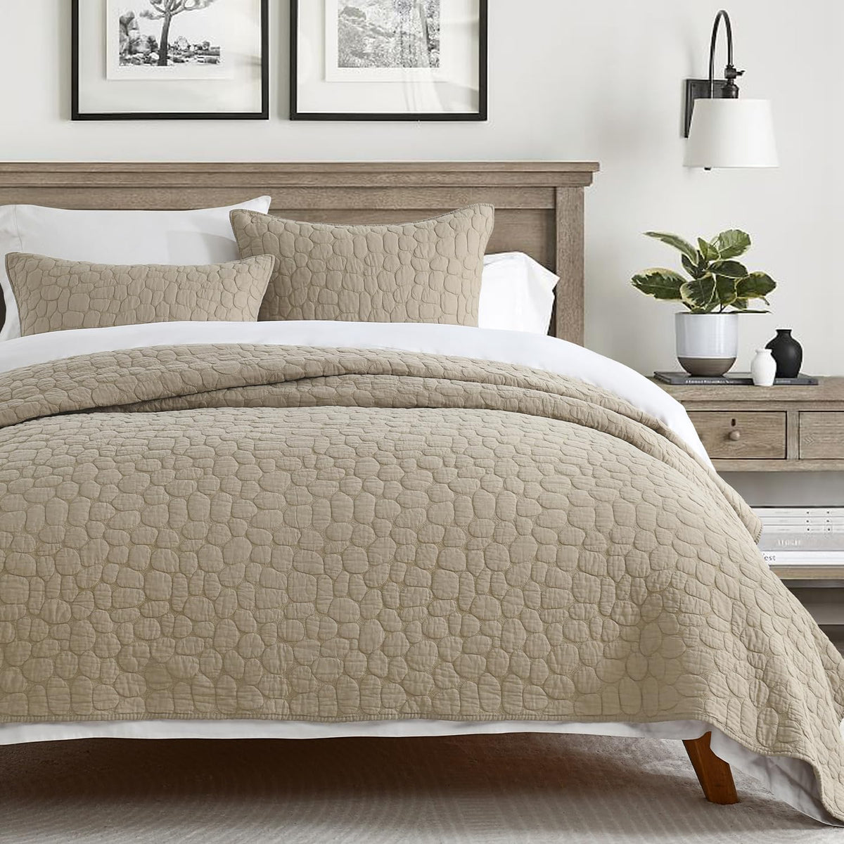 Horimote Home 100% Cotton Quilt Set Twin Size, Dark Beige Pre-Washed Bedspreads Coverlet Set With Cobblestone Pattern, Cozy Ligh