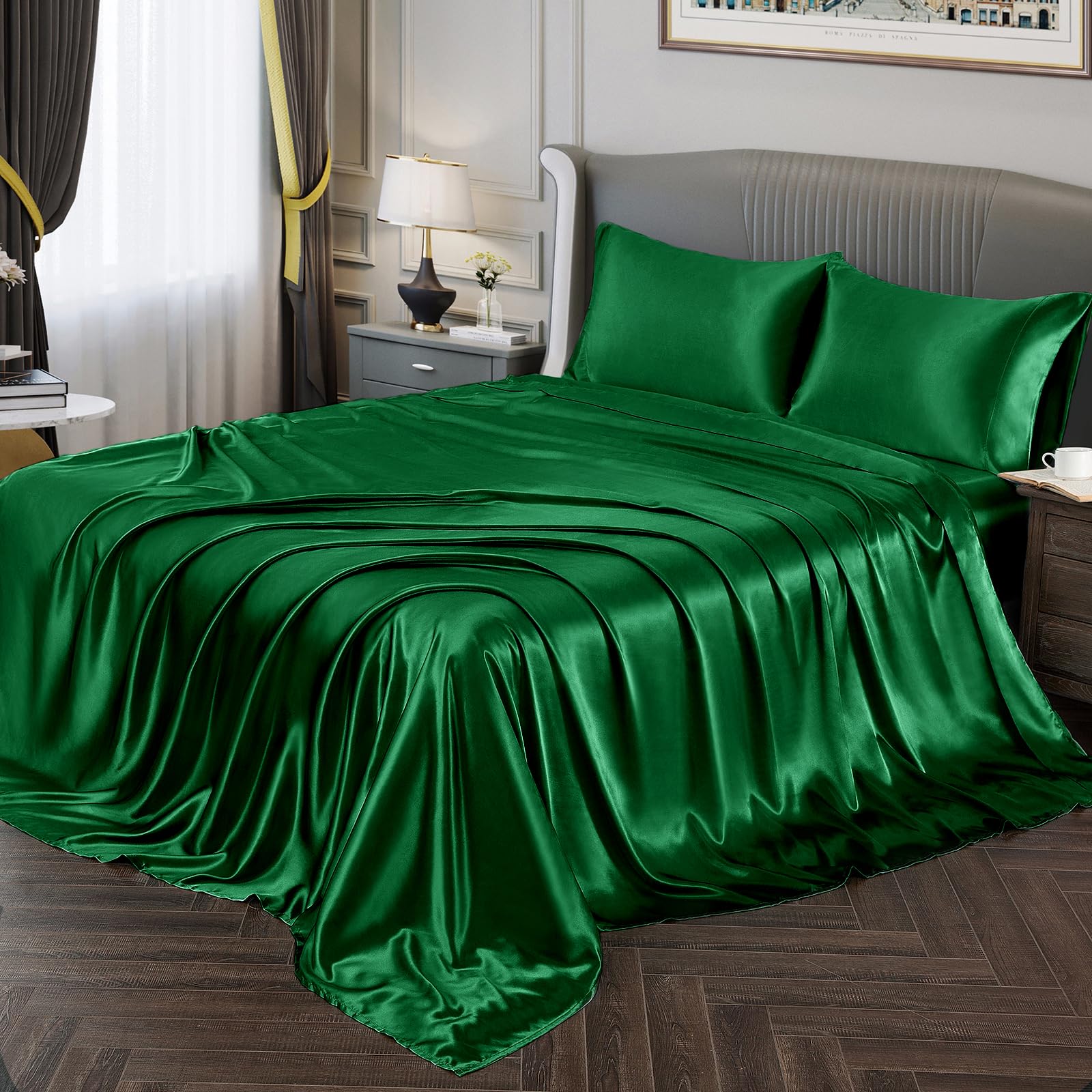 Vonty Satin Sheets Queen Size Silky Soft Satin Bed Sheets Green Satin Sheet Set, 1 Deep Pocket Fitted Sheet + 1 Flat Sheet + 2 P