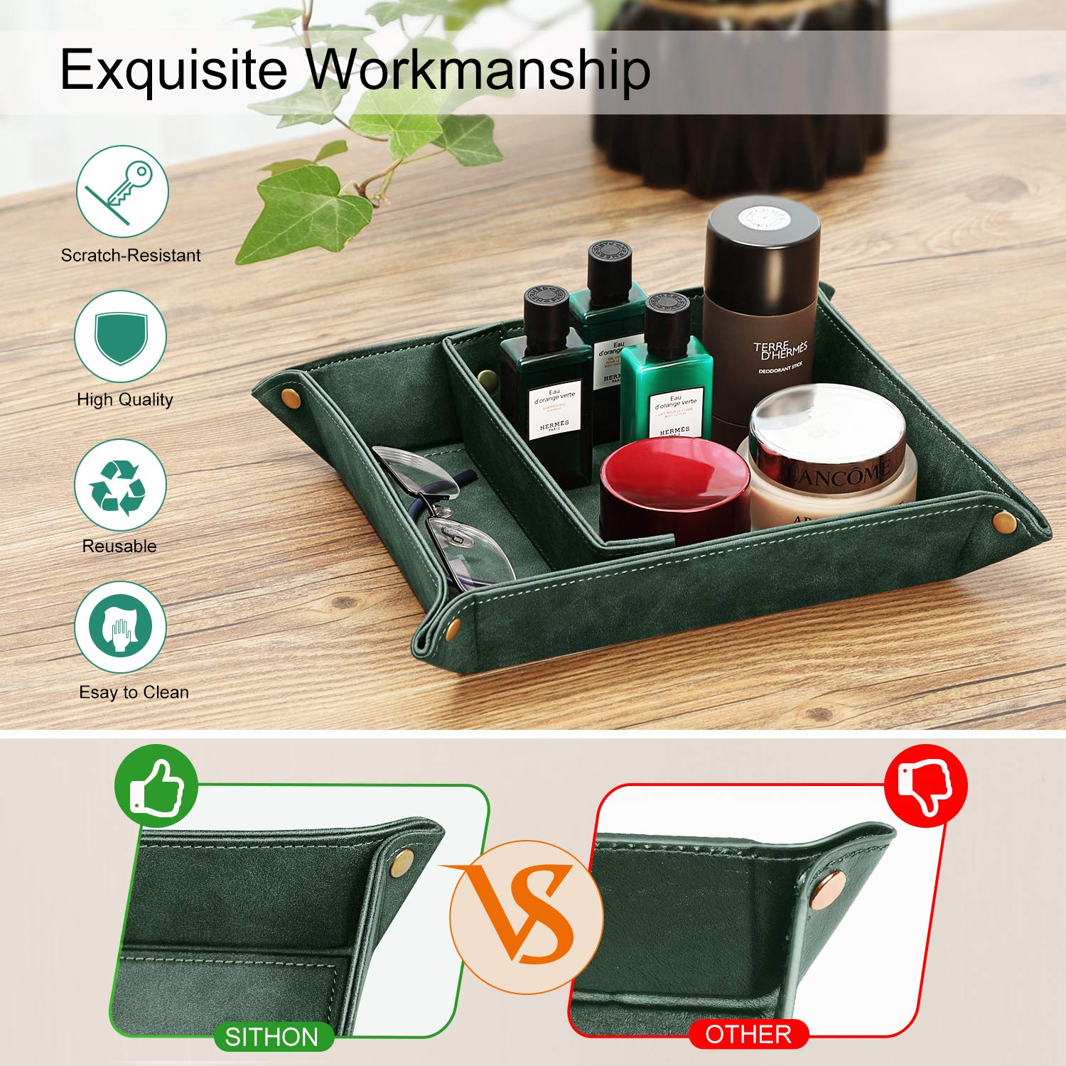 Sithon Valet Tray Desktop Storage Organizer - Removable 2 Compartments Catchall Tray Bedside Vanity Tray Nightstand Caddy Holder