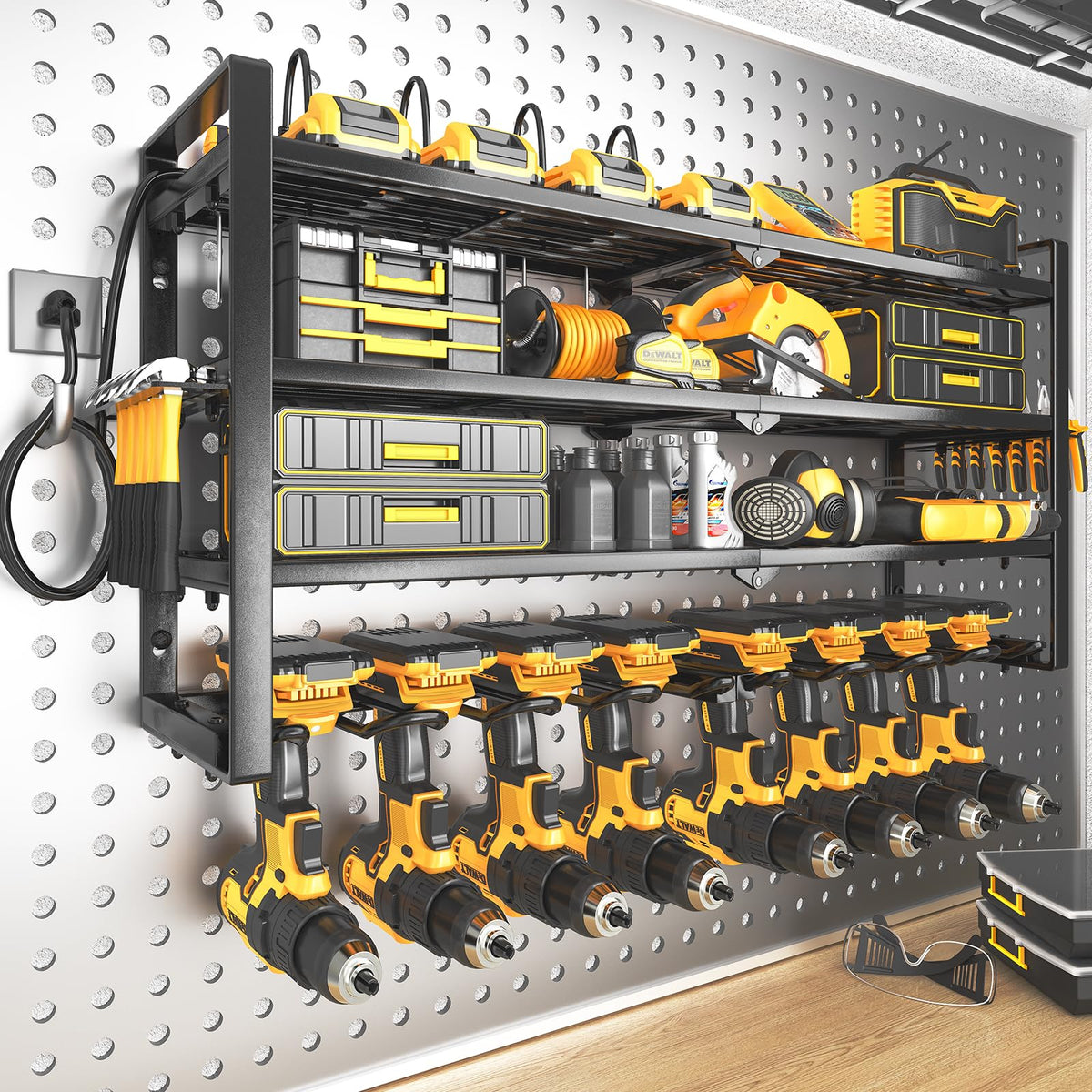 Soyeeze Power Tool Organizer With Charging Station And 8 Outlets Power Strips,8 Drill Holders 4 Layer Garage Storage Wall Mount,