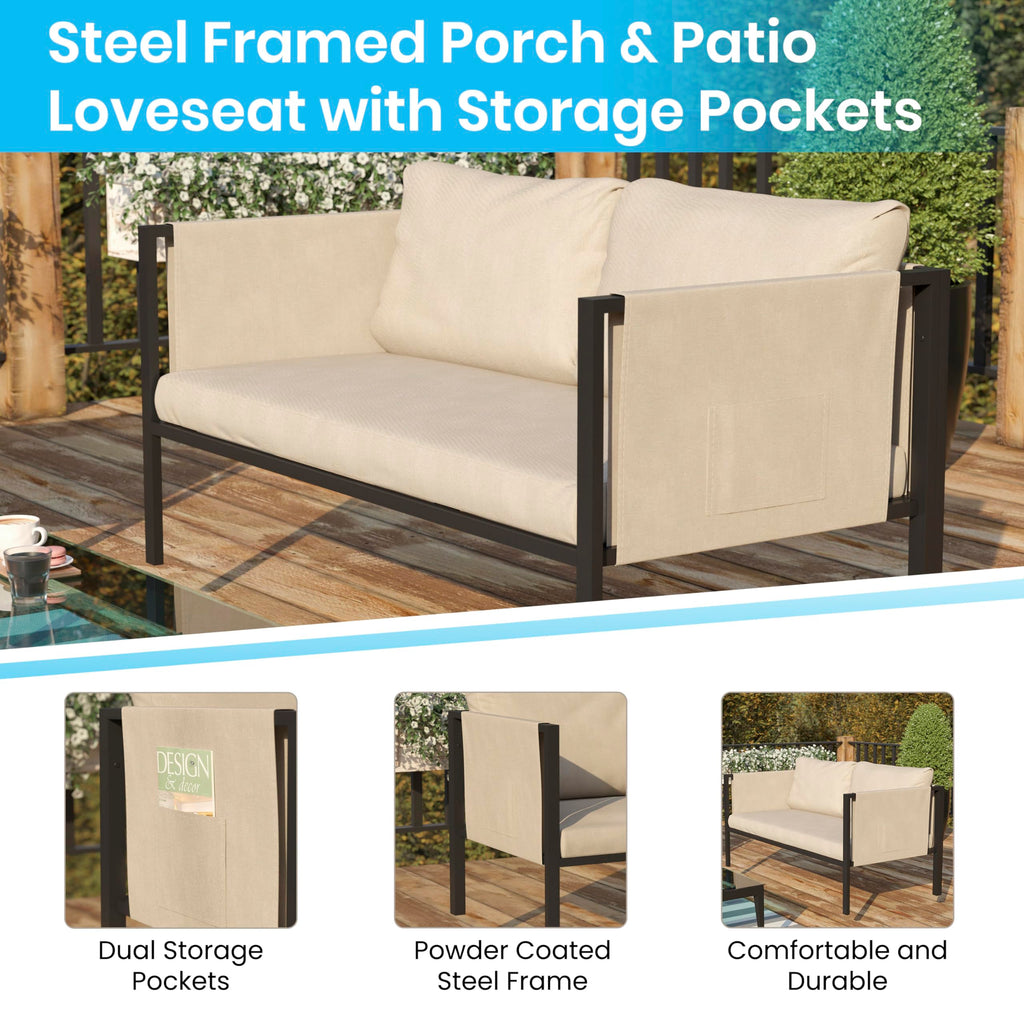 Flash Furniture Lea Indoor/Outdoor Loveseat With Cushions - Modern Steel Framed Chair With Storage Pockets, Black With Beige Cushions