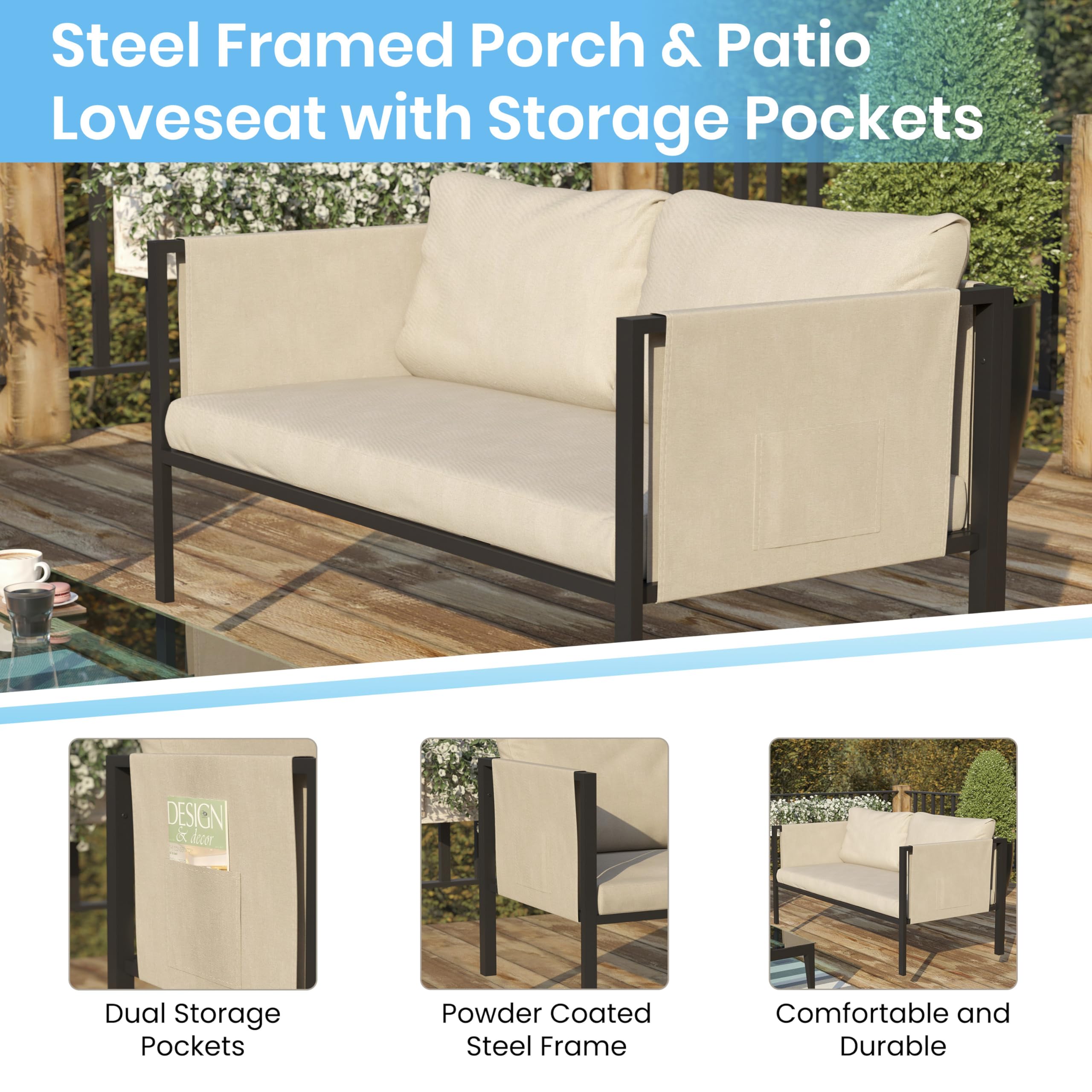 Flash Furniture Lea Indoor/Outdoor Loveseat With Cushions - Modern Steel Framed Chair With Storage Pockets, Black With Beige Cushions