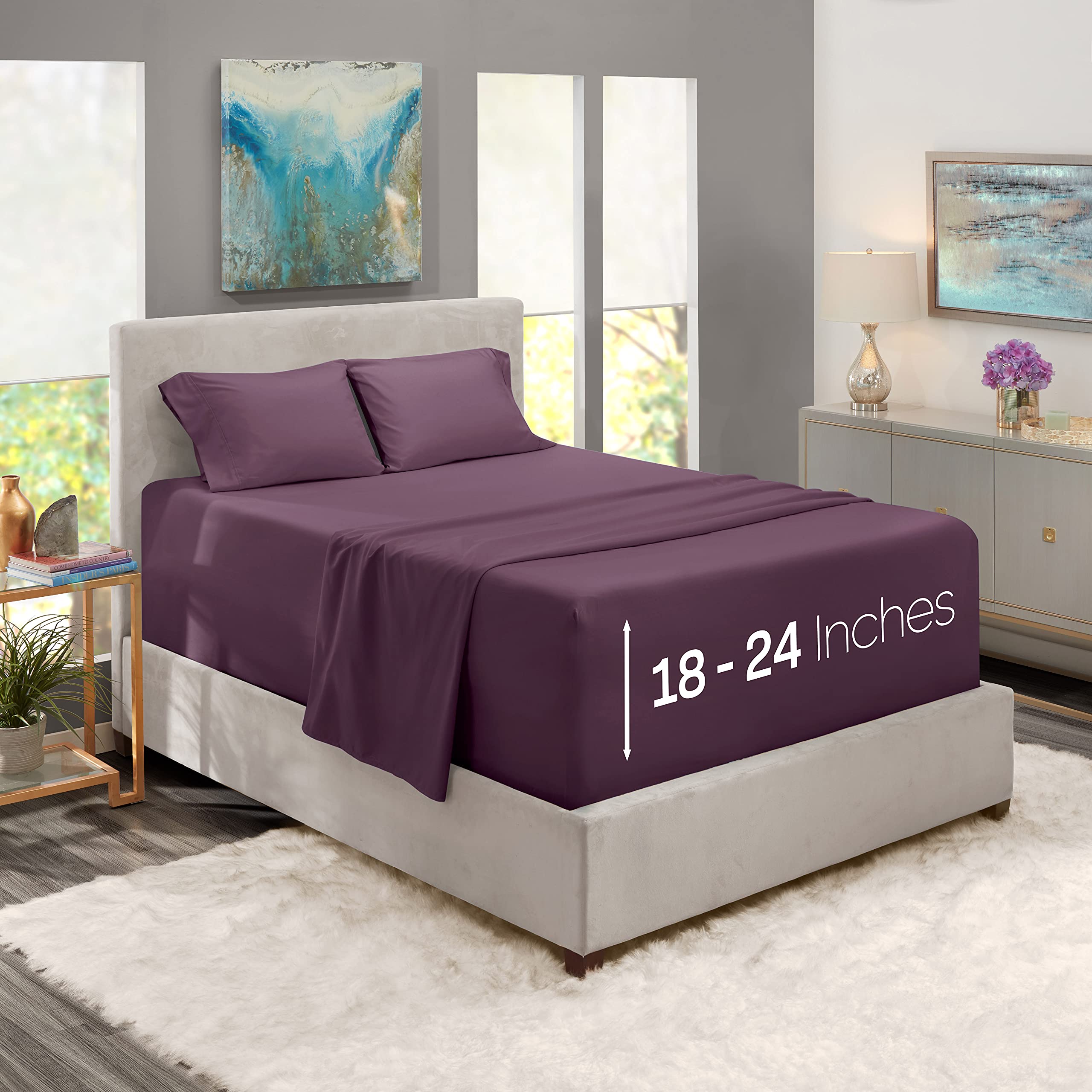 Nestl Extra Deep Pocket Sheets - Fits Mattress 18-24 Inches Deep, Extra Deep Pocket Twin Sheets Sets, 4 Piece Twin Size Sheets, Twin Sheets Deep Pocket, Purple Eggplant Sheets
