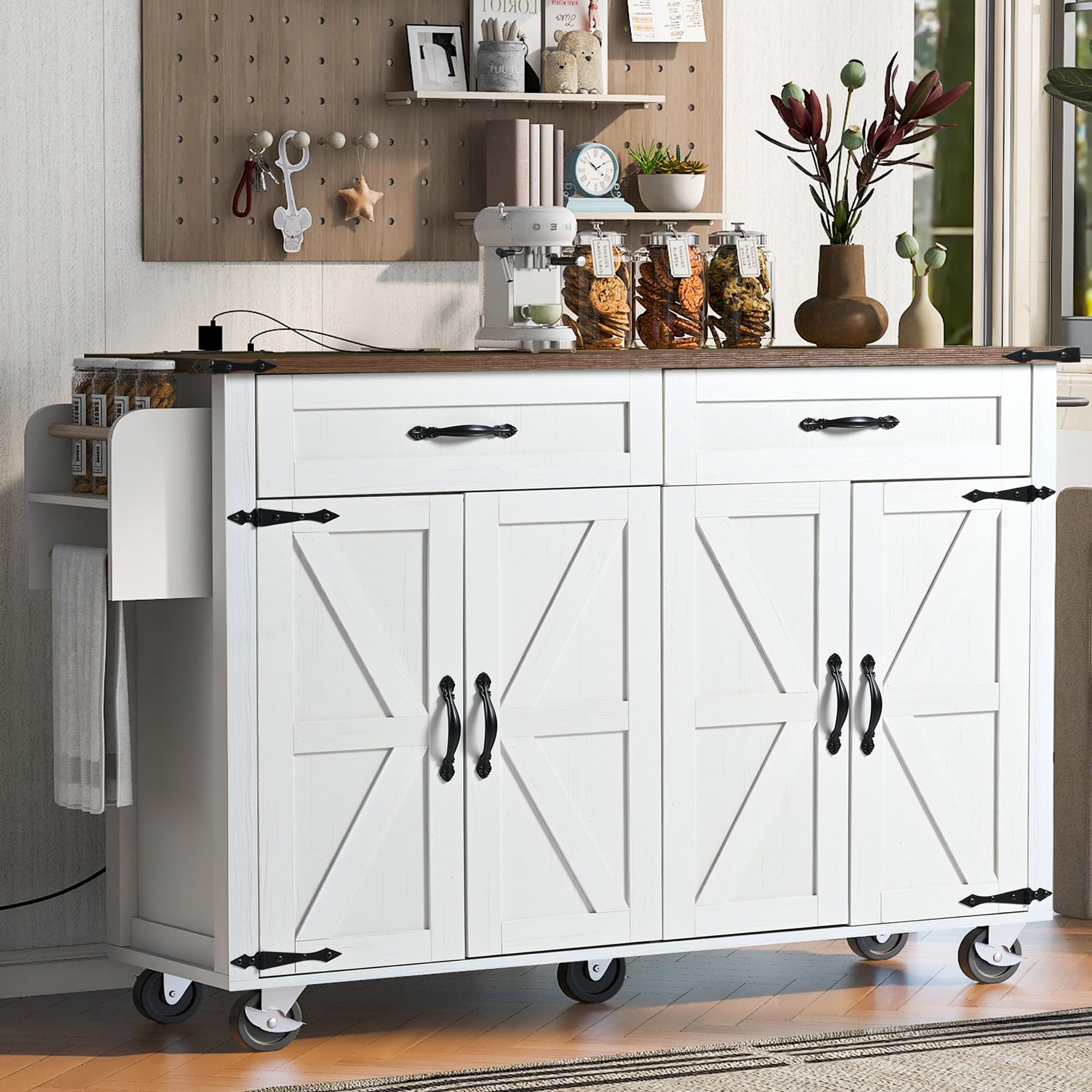 Amposei Farmhouse Rolling Kitchen Island With Power Outlet, Drop Leaf Breakfast Bar, Wooden Mobile Storage Island Cart On Wheels