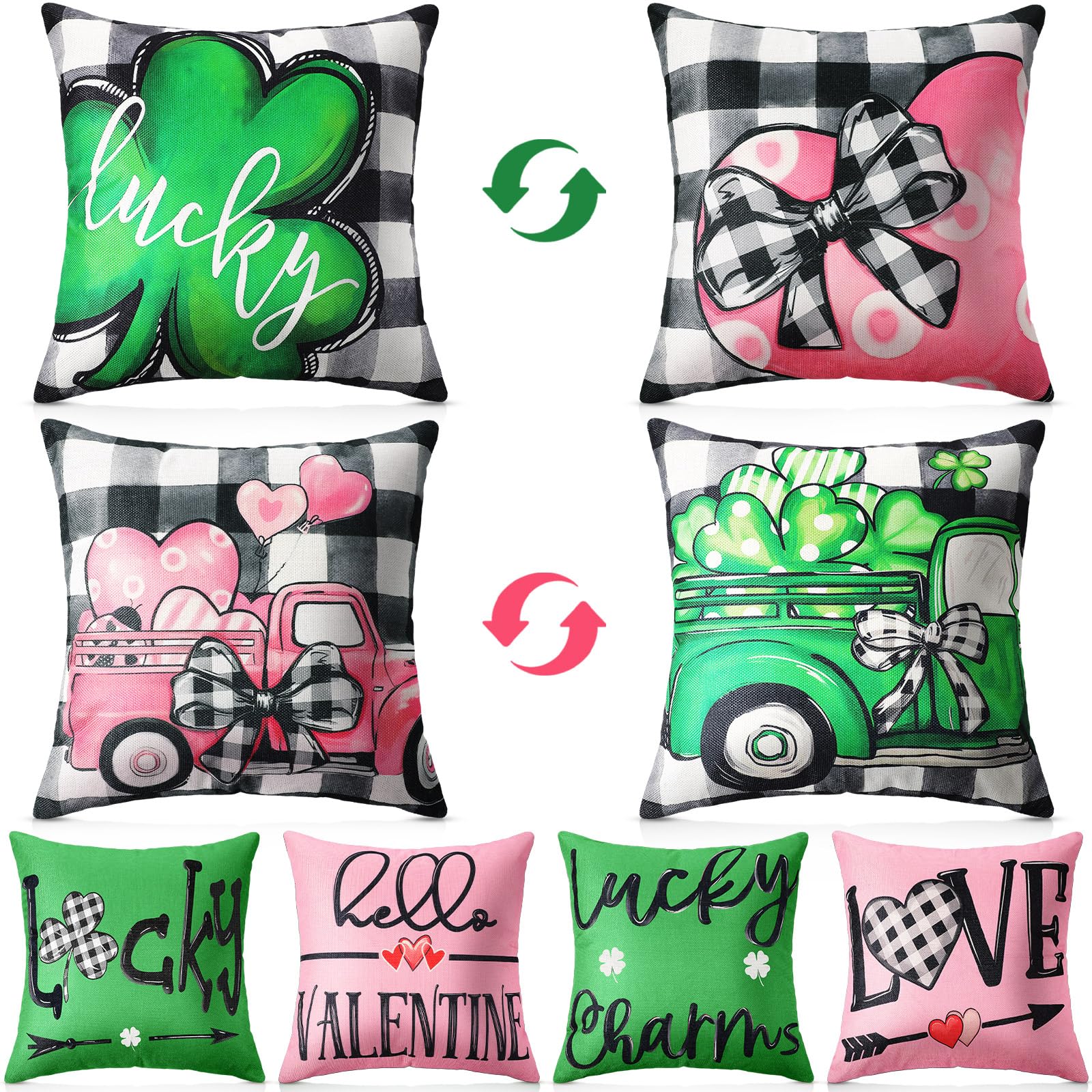 Mindsoft Valentine's Day Pillow Covers 18x18 Set of 4 Double Sided Valentines St Patrick's Day Pillow Covers Set Shamrock Heart 