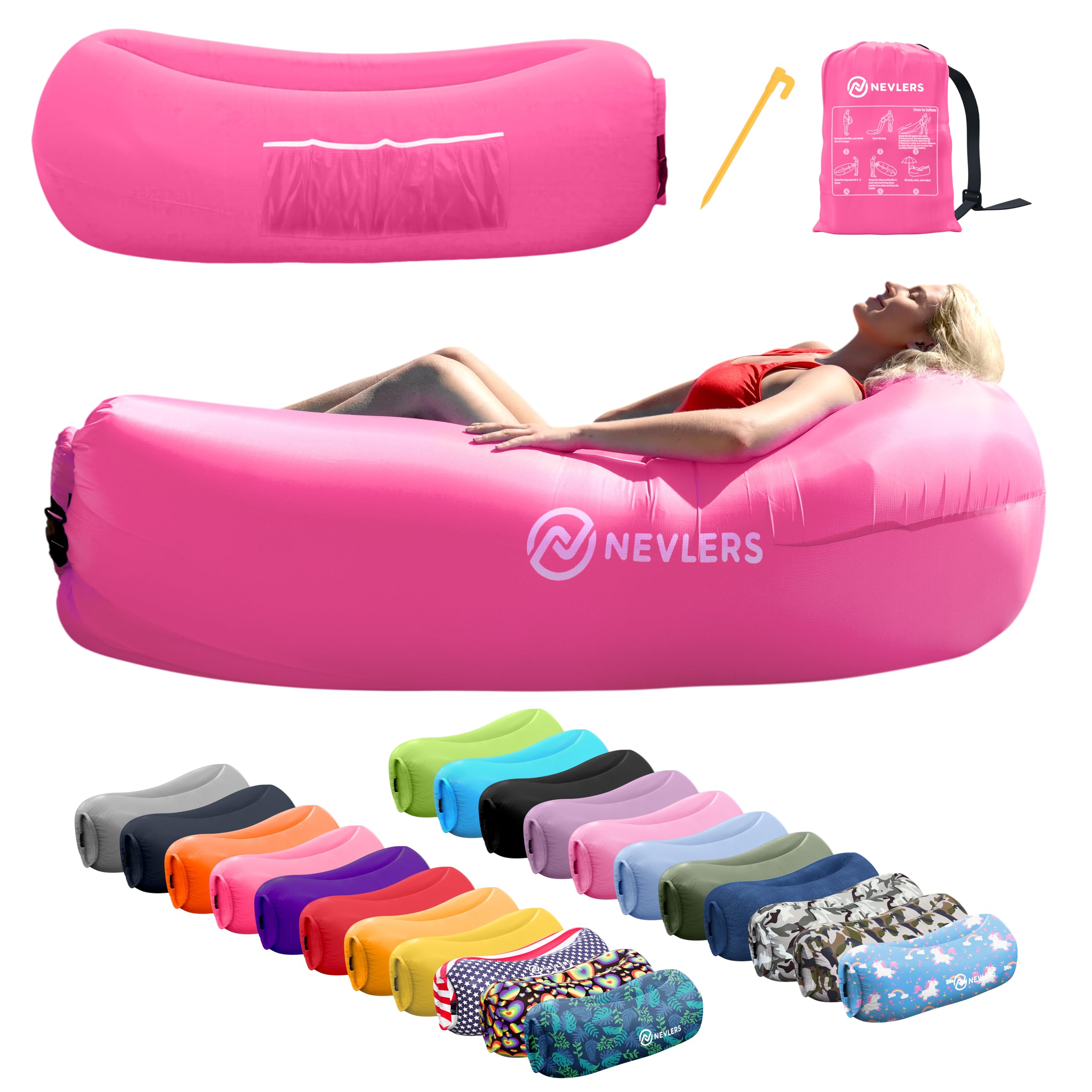 Nevlers 450Lbs Cap Outdoor Inflatable Couch for Camping in Pink | Tough 210T Polyester Air Chair Inflatable Lounger | Inflatable