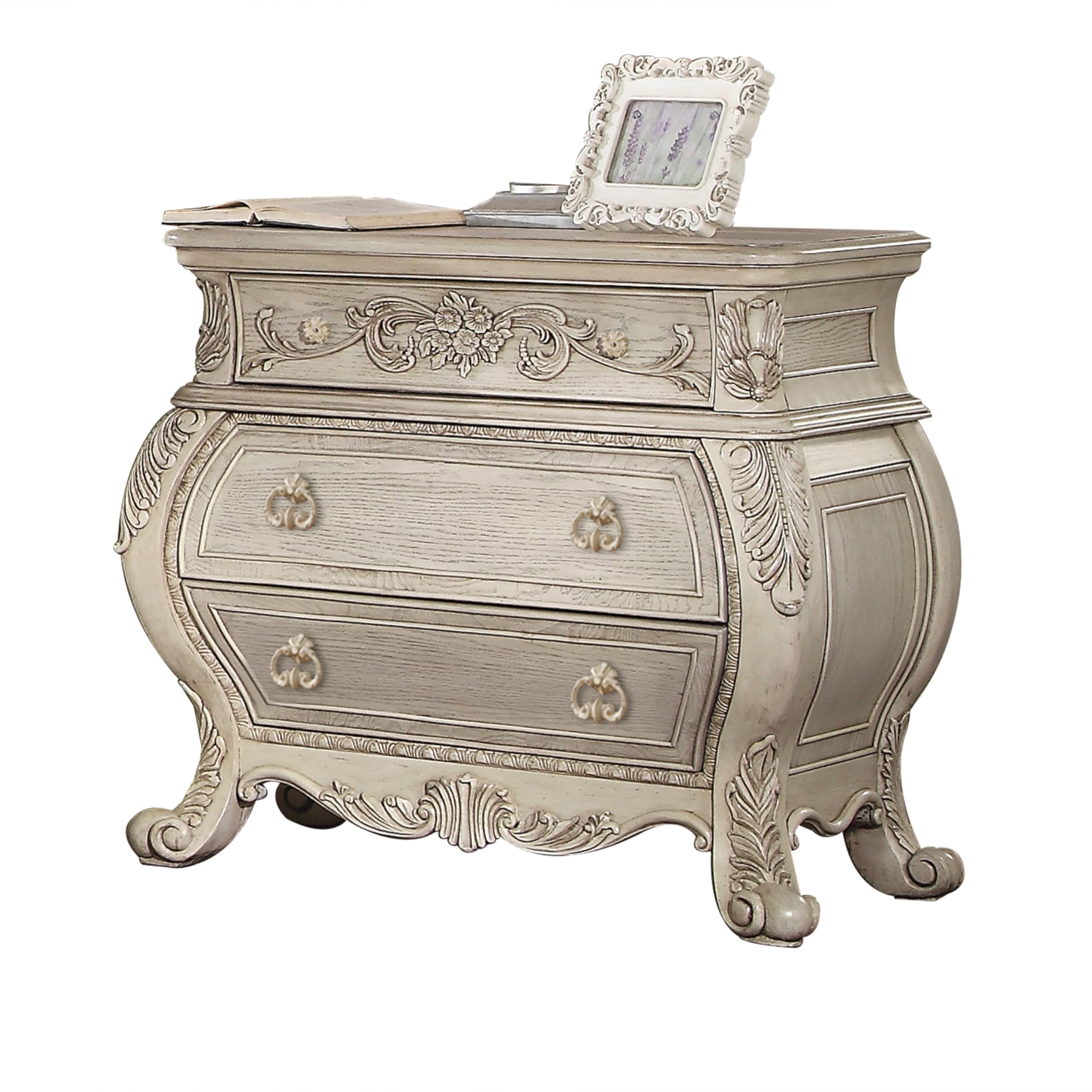 Acme Ragenardus 3-Drawer Wood Bombe Nightstand in Antique White