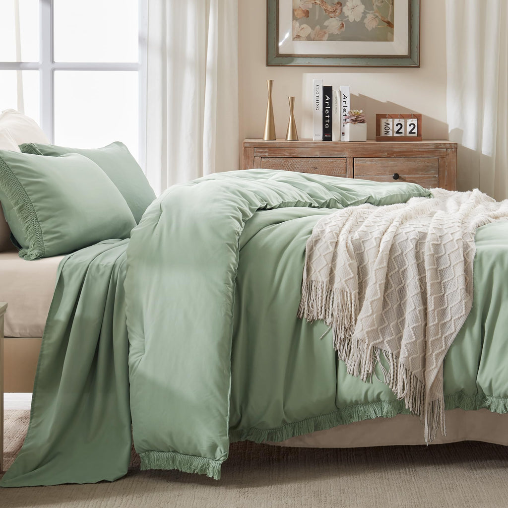 Andency Sage Green Tassel Comforter Set Full(79X90Inch), 3 Pieces(1 Fringe Comforter, 2 Pillowcases) Boho Farmhouse Shabby Chic , Microfiber Lightweight Bedding Set