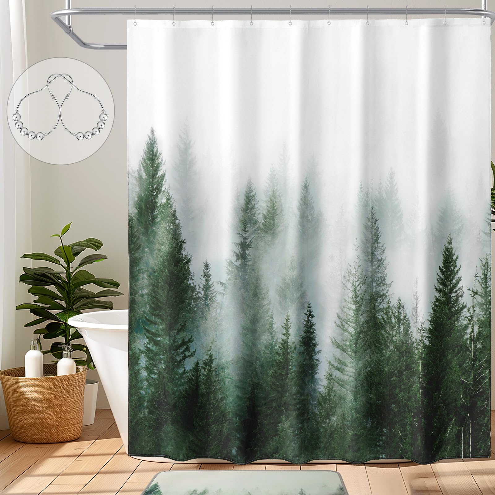 ORTIGIA Green Misty Forest Shower Curtain for Bathroom, Nature Woodland Shower Curtain Set with Metal Hooks, Decorative Pine Tre