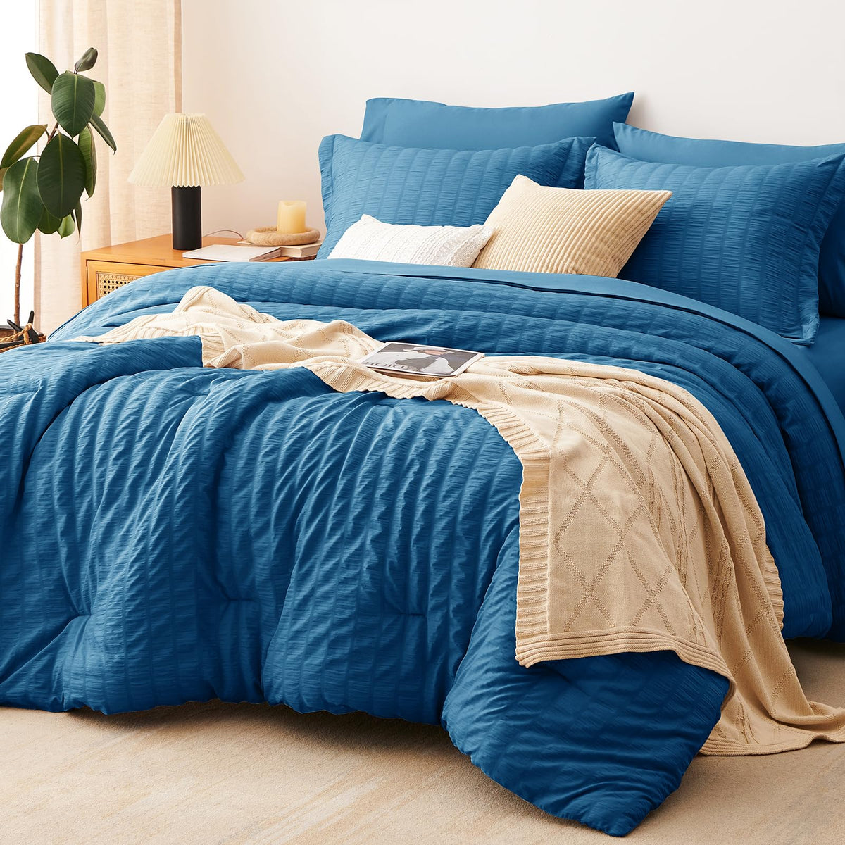 Cozylux Queen Seersucker Comforter Set With Teal Bed In A Bag 7-Pieces All Season Bedding Sets With Comforter, Pillow Sham, Flat Sheet, Fitted Sheet, Pillowcase