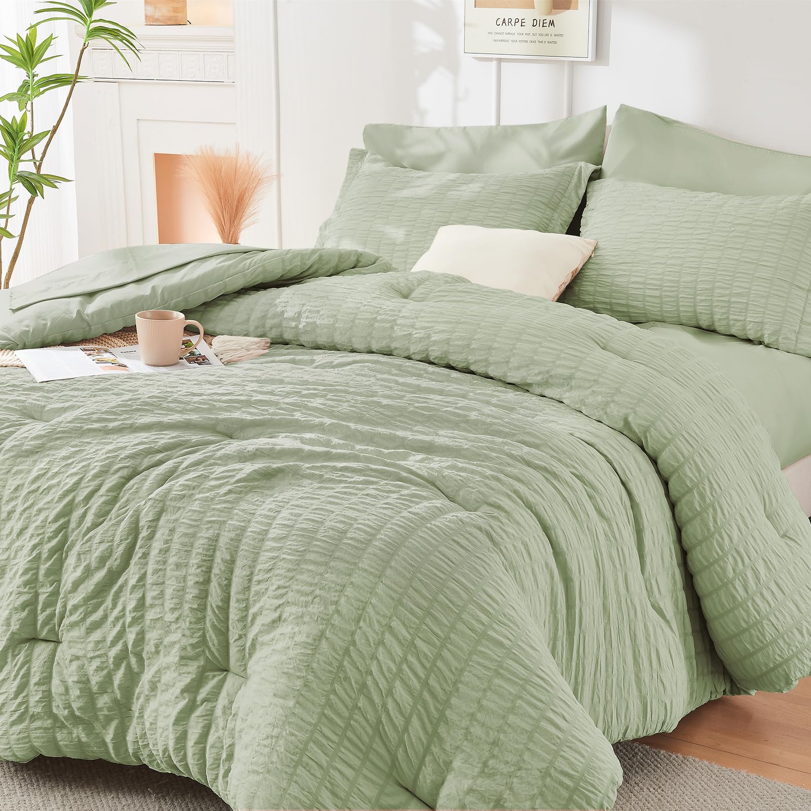 Hymokege Light Green Queen Comforter Set Seersucker 7 Pieces, All Season Luxury Bed In A Bag For Bedroom, Bedding Set With Comfo