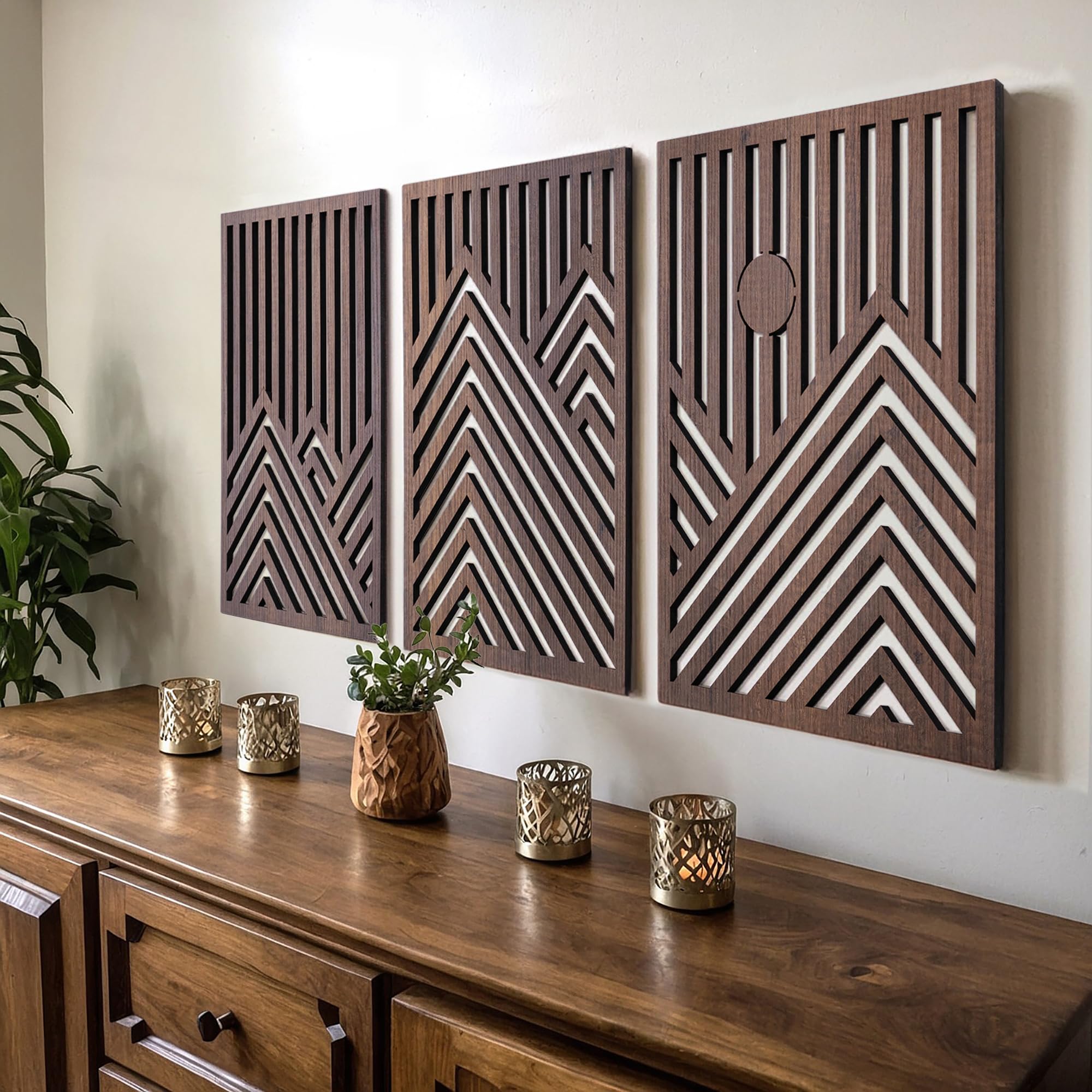 qmmp Modern Mountain and Sun Wall Sculptures - Set of 3 - Walnut - Home Decor Accent - Large Wall Art for Living Room, Bedroom, 