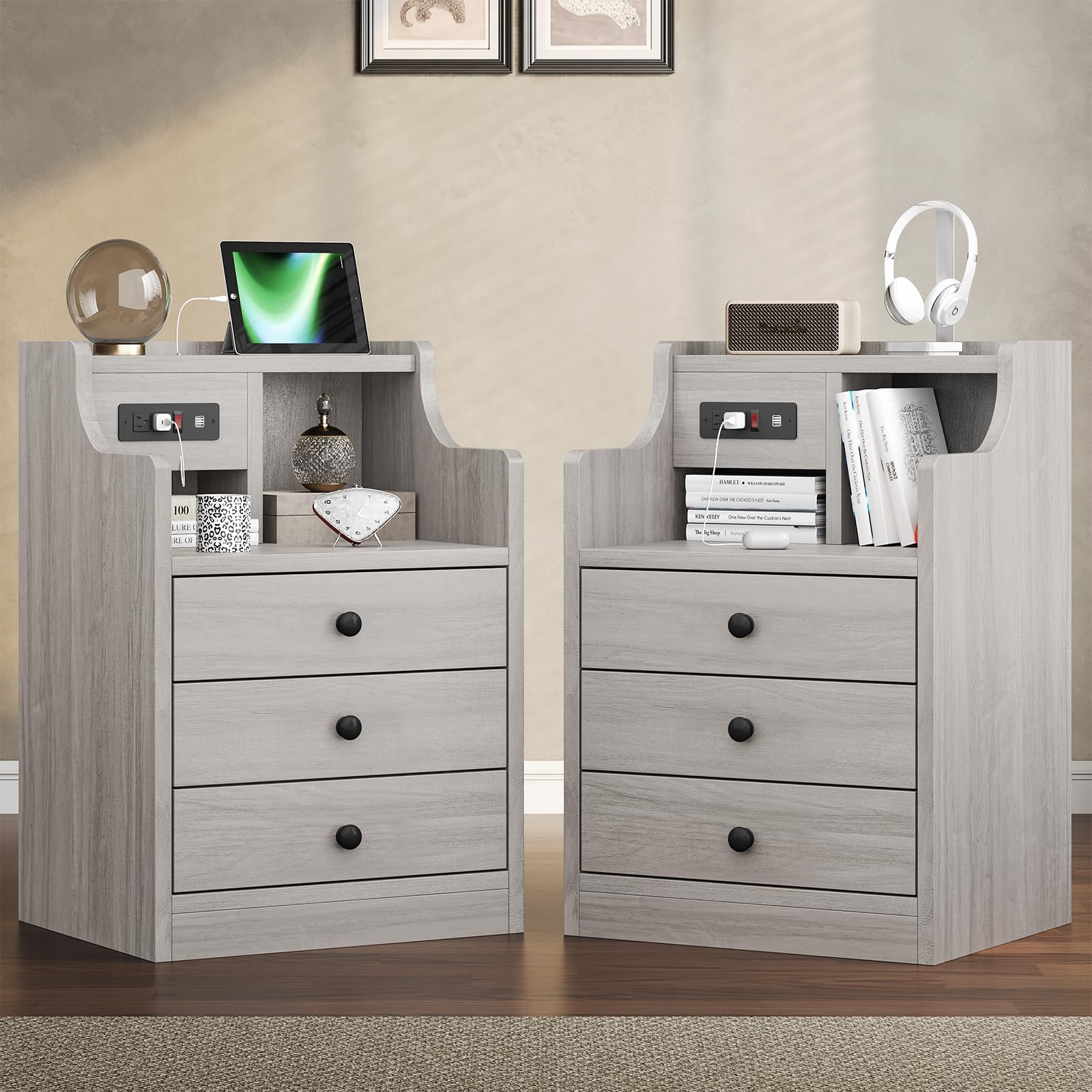 Tiptiper Nightstand Set 2, Grey Night Stands With Hutch And Charging Station, Nightstand With 3 Drawers For Bedrooms Set Of 2, Modern Bedside Table End Side Table