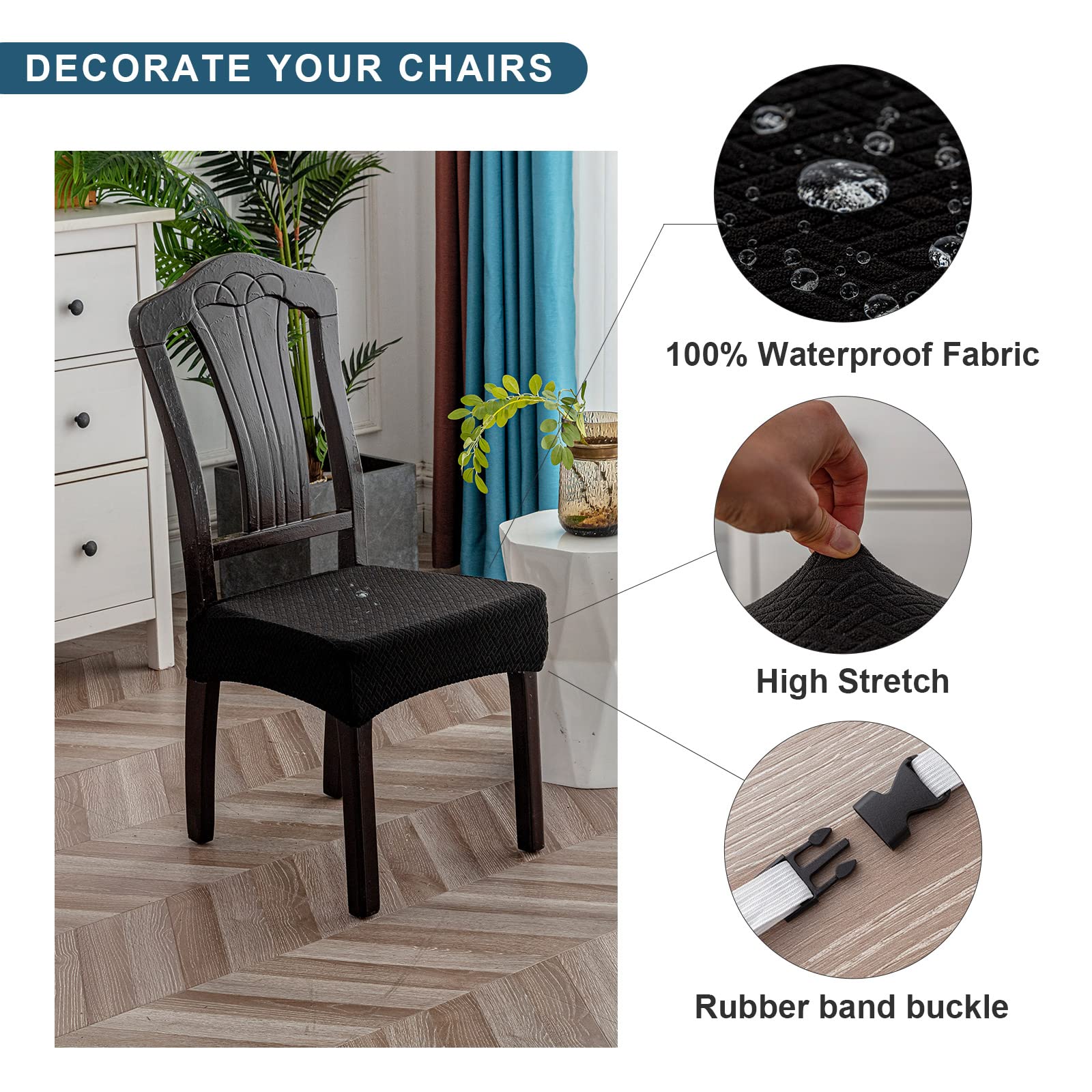 Genina Waterproof Seat Covers For Dining Room Chair Covers Waterproof Dining Chair Covers (4 Pcs-Rear-Covered, Black)