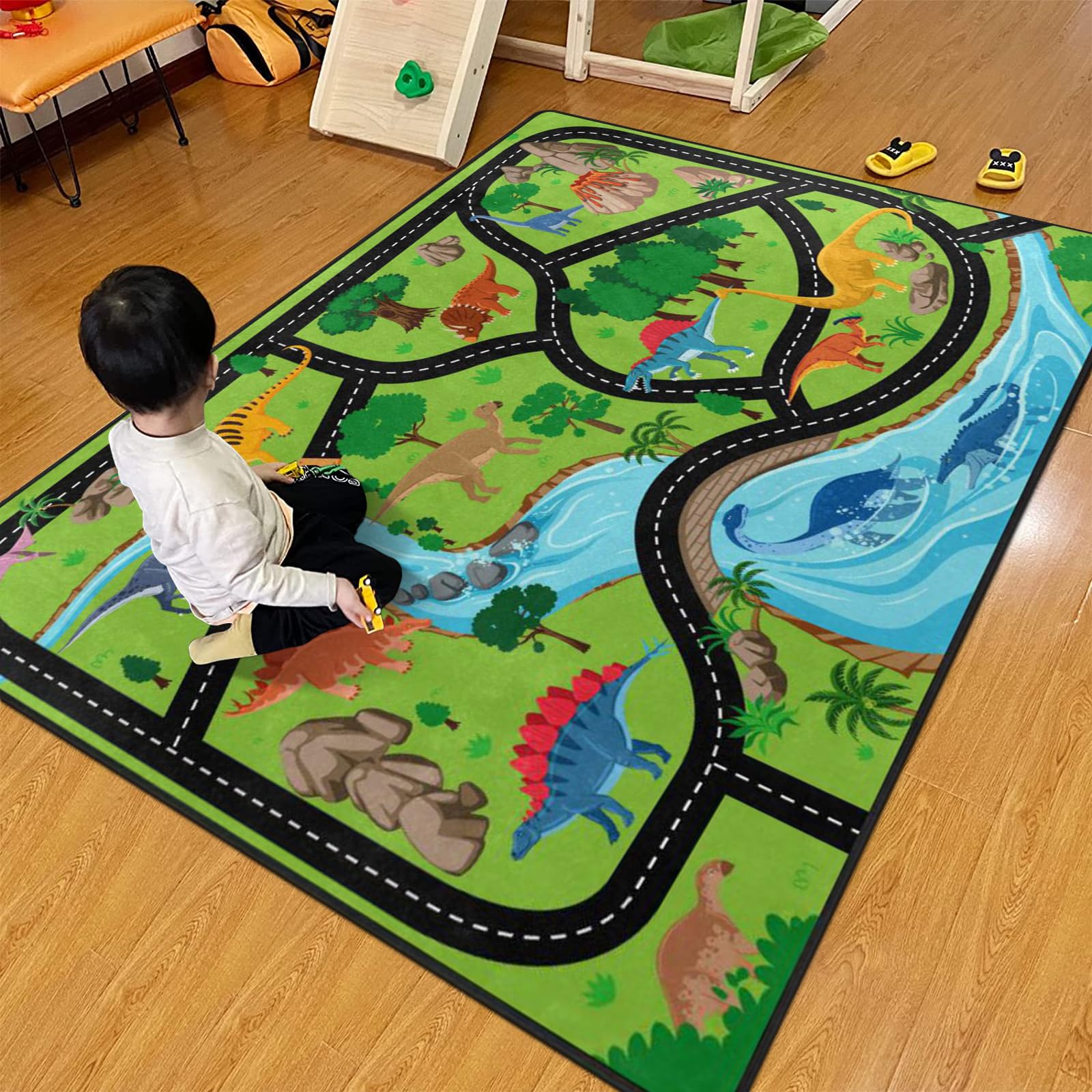 Kids Rug, Jurassic Forest Park Road System Playmat Rugs - 5X7 Ft Kids Carpet With Rubber Backing, Stegosaurus Spinosaurus Dinosa