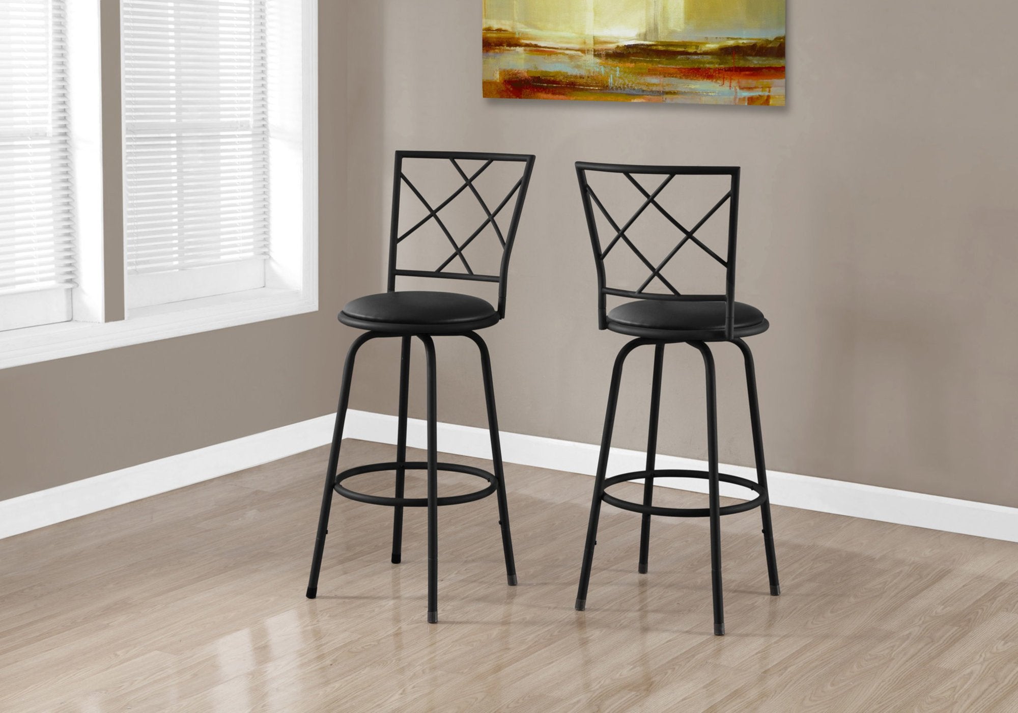 Monarch Specialties 2375 Stool, Set of 2, Swivel, Bar Height, Metal, Pu Leather Look, Black, Contemporary, Modern Barstool, 16' L x 16' W x 44' H