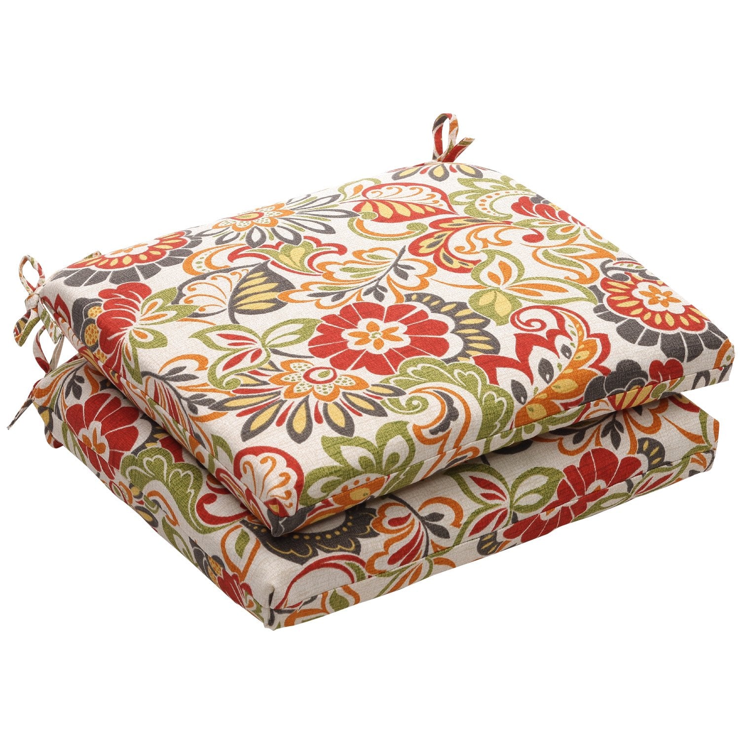 Pillow Perfect Bright Floral Indoor/Outdoor Chair Seat Cushion With Ties Squared Corner, Plush Fiber Fill, Weather, And Fade Res