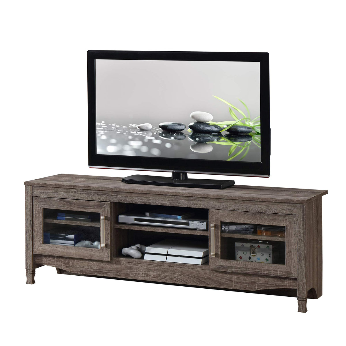 65” TV Stand with Storage & Glass Display Cabinets, Driftwood TV Stand for Living Room or Bedroom with Cable Management, Fits Screens up to 65 Inches When Measured Diagonally, Grey