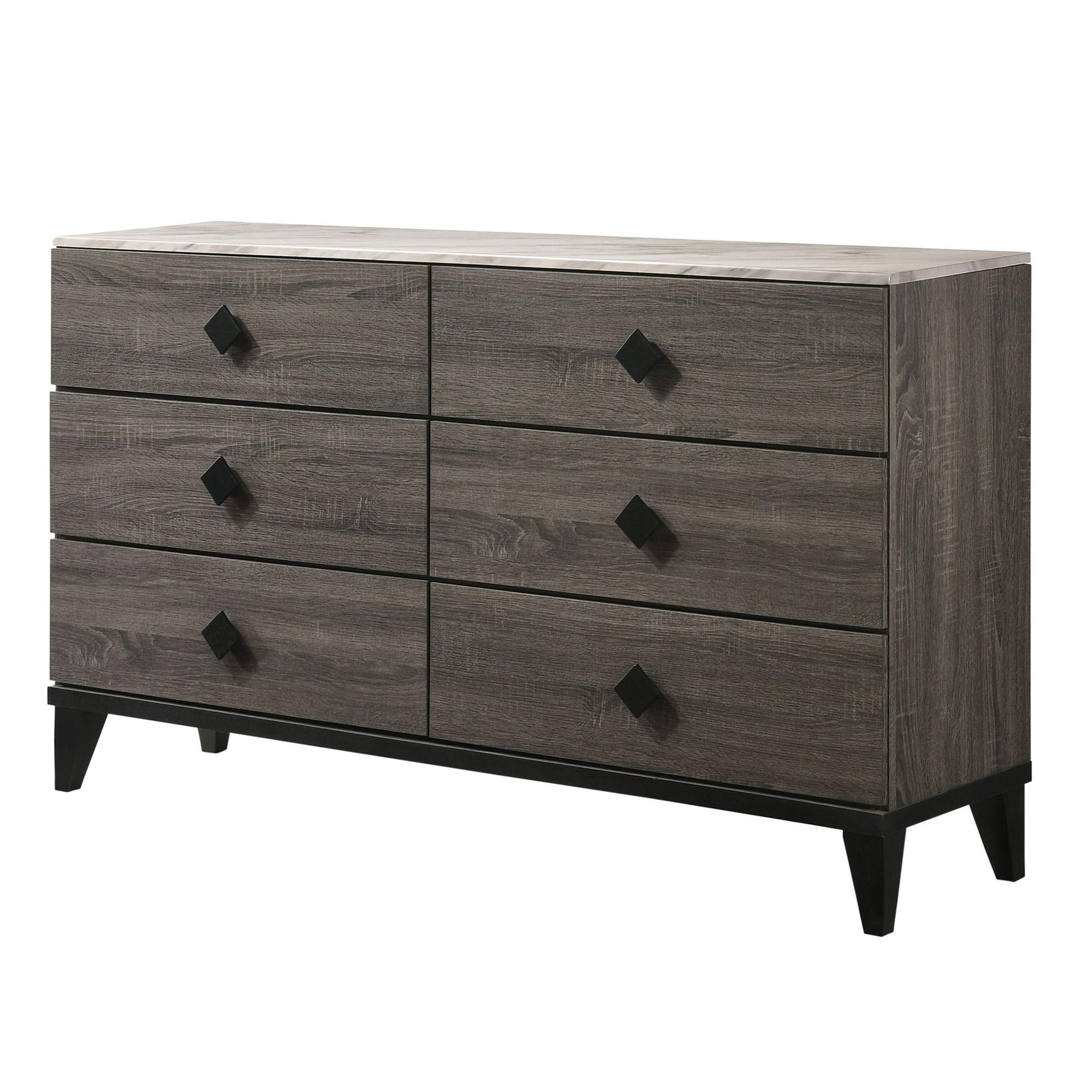 Benjara 6 Drawer Wooden Dresser with Diamond Metal Knobs, Gray and Black