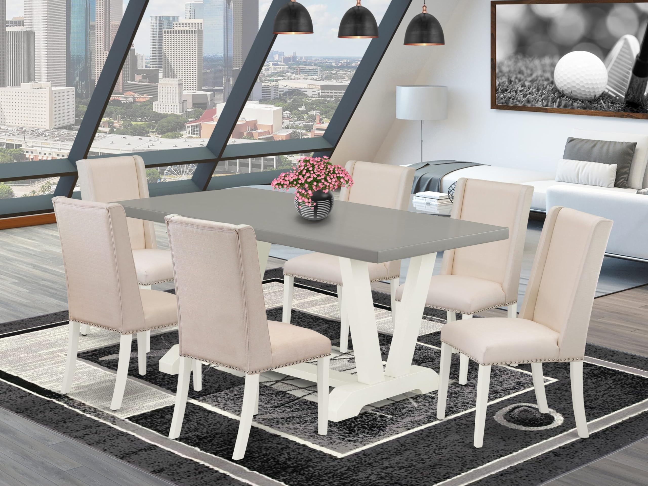 East West Furniture V096Fl201-7 7 Piece Dining Room Table Set Consist Of A Rectangle Kitchen Table With V-Legs And 6 Cream Linen Fabric Parson Dining Chairs, 36X60 Inch, Multi-Color