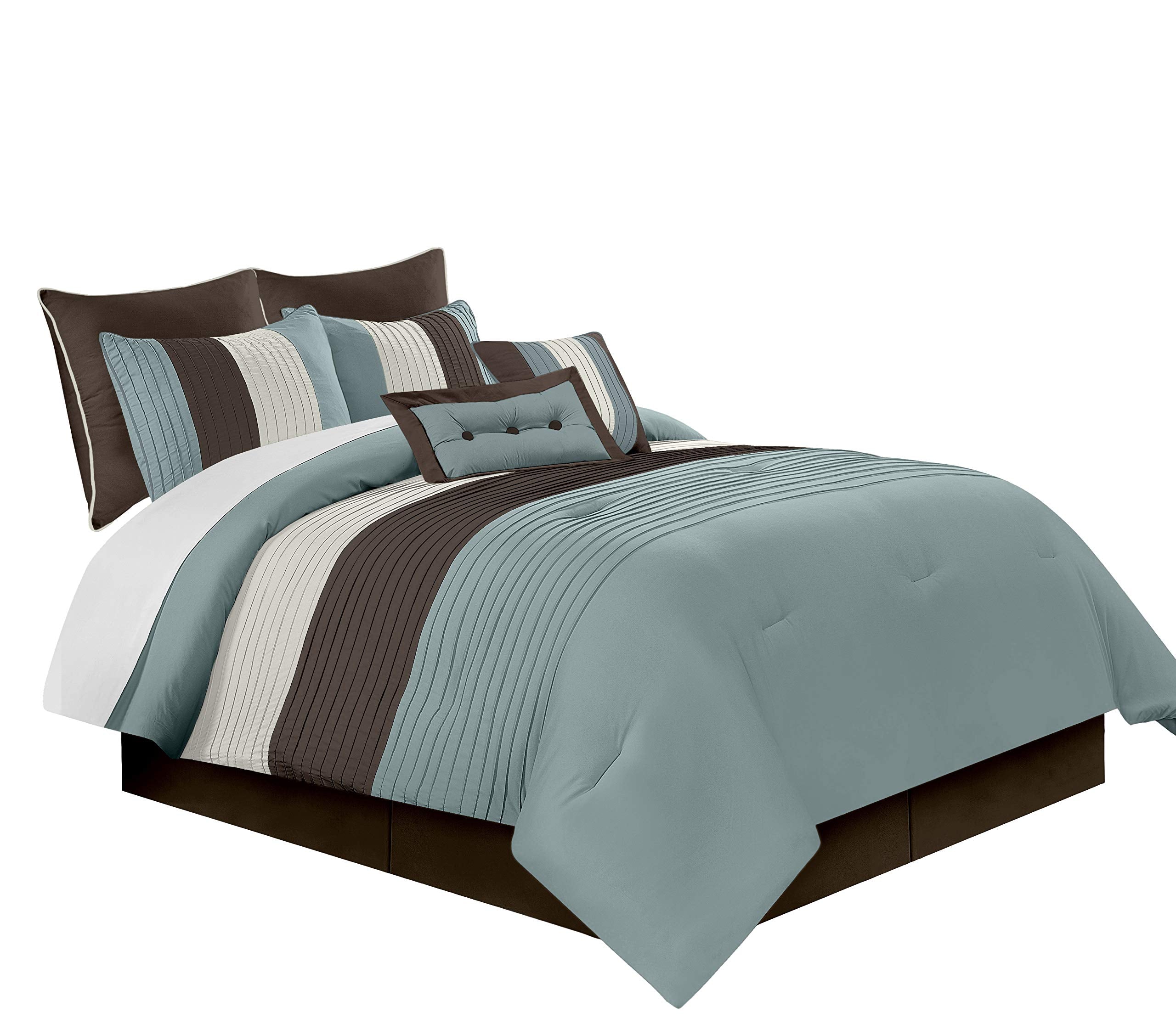 Chezmoi Collection 8-Piece Luxury Striped Comforter Set (Blue/Brown/Beige, California King)