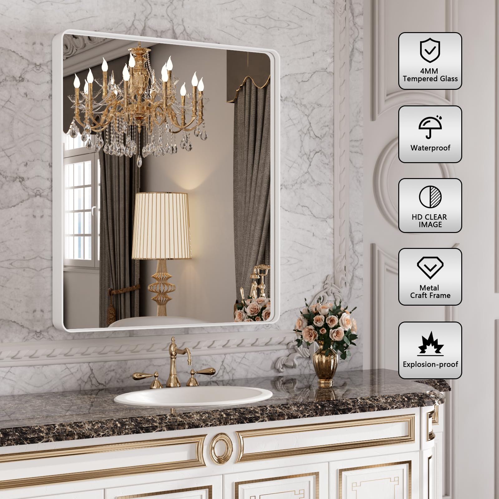 Istripmf 24X32 Inch White Framed Bathroom Mirror,Matte Metal Frame Vanity Mirror,Round Corner,Farmhouse,Decorative Wall Mounted