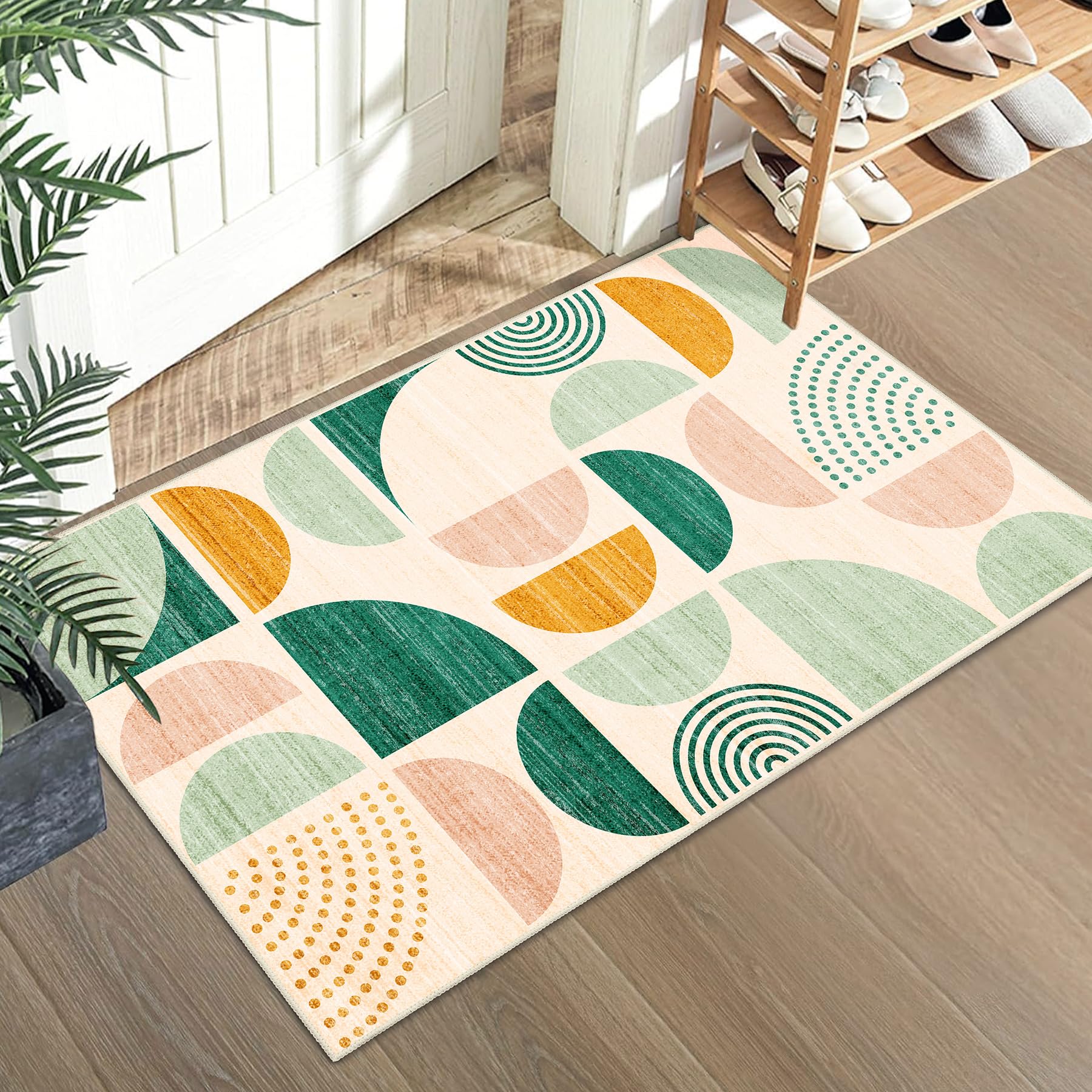 MUJOO Green Small Rug Washable,Boho Area Rugs for Entryway Bathroom Entry Entrance Bedroom Kitchen,Front Door Mat Throw Carpet N